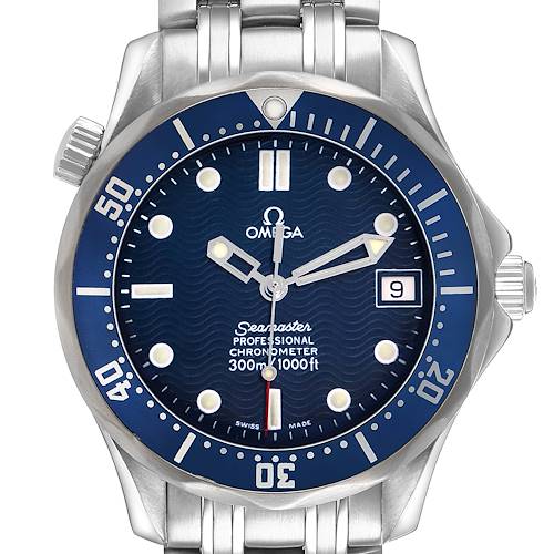 The Omega Seamaster 2551.80.00 Men's Stainless Steel Blue Dial watch is shown from the front, highlighting the blue dial, bezel, and part of the stainless steel bracelet.
