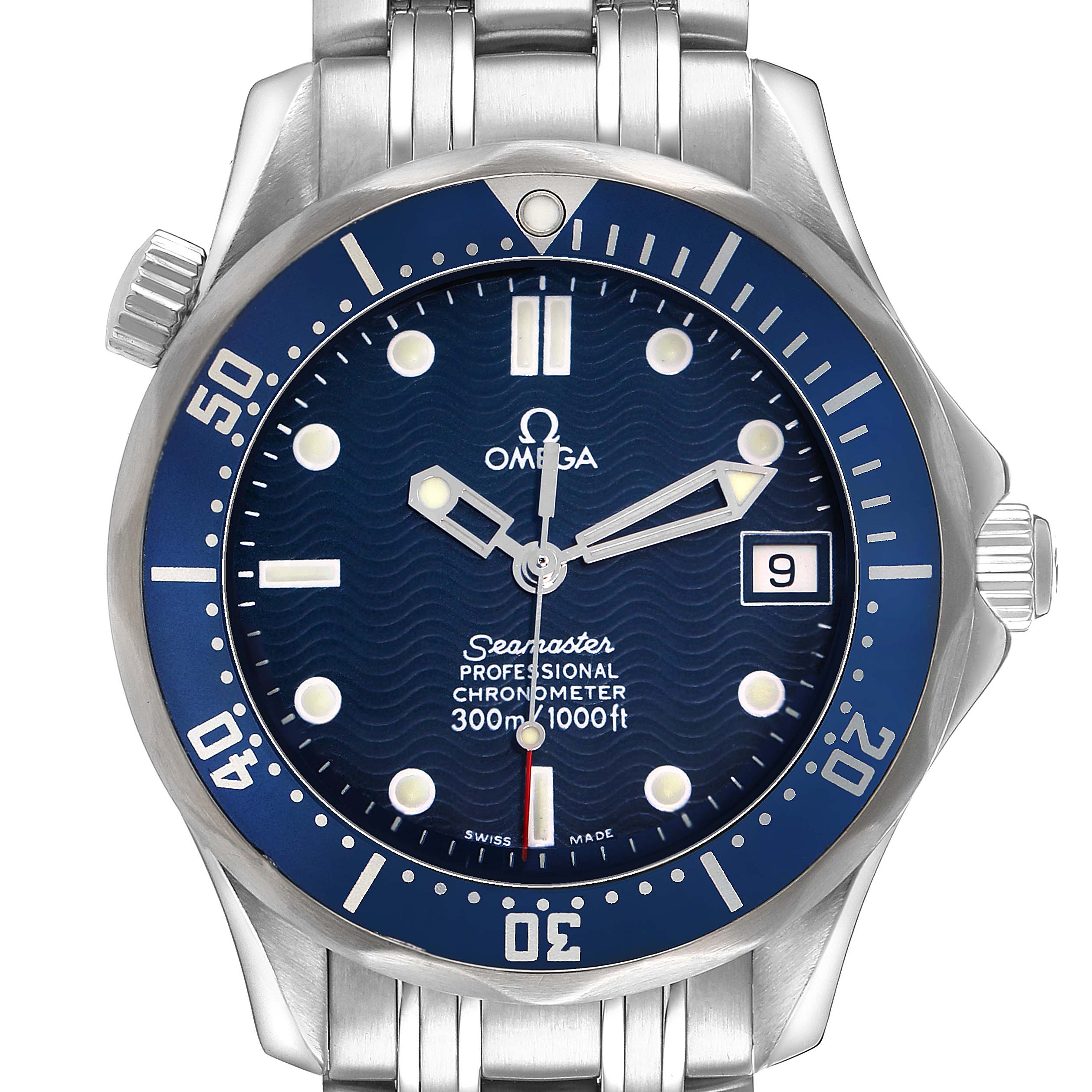 The Omega Seamaster 2551.80.00 Men's Stainless Steel Blue Dial watch is shown from the front, featuring its blue dial, date window, and stainless steel bezel and bracelet.