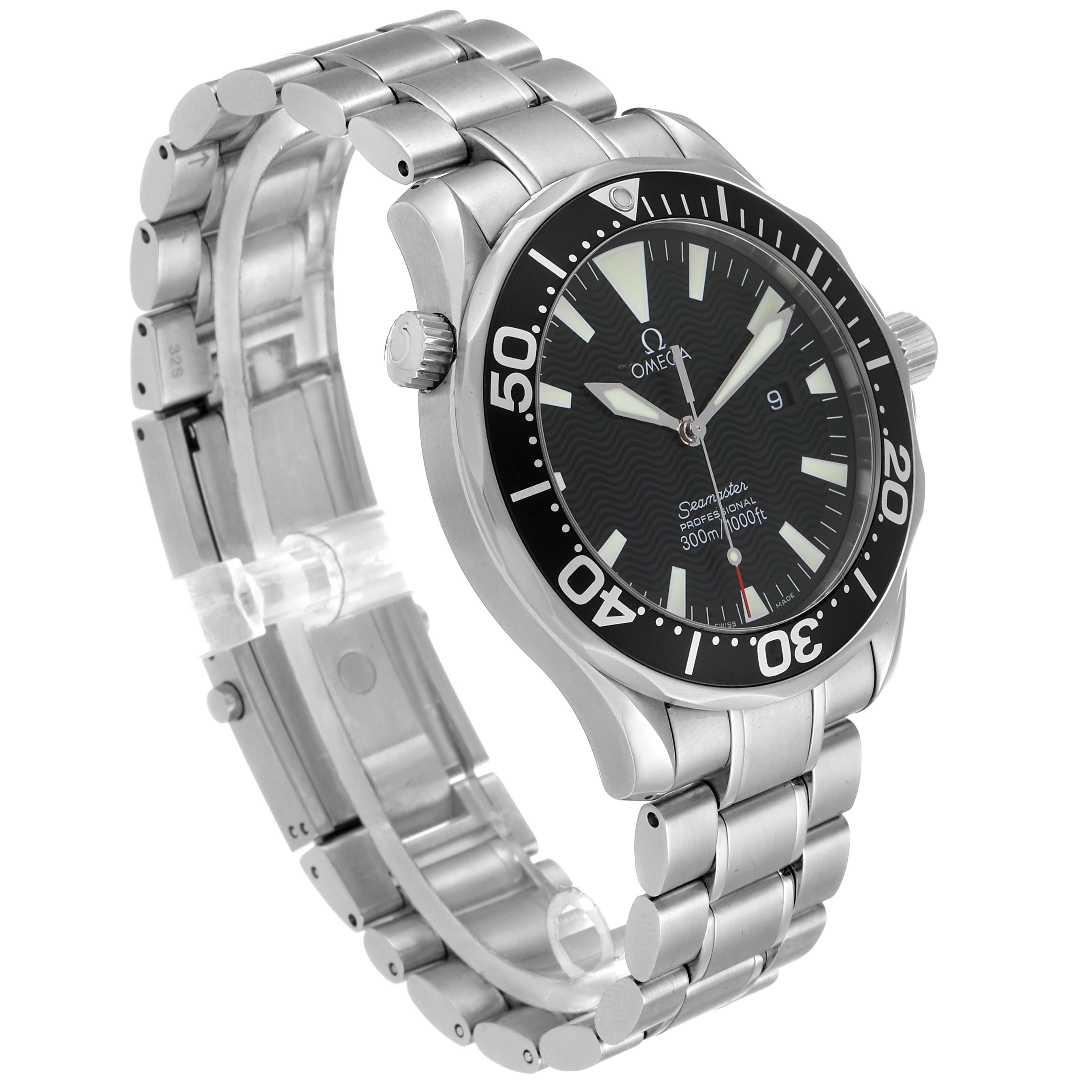 The image shows a side angle of the Omega Seamaster 2264.50.00 Men's Stainless Steel Black Dial 2264.50.00 Men's Stainless Steel Black Dial watch, focusing on the face, bezel, and metal band.
