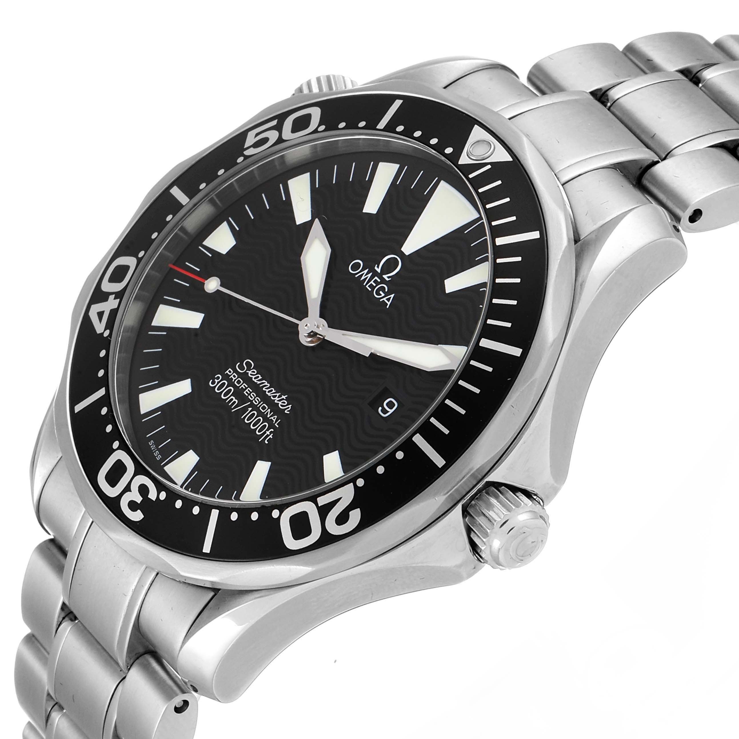 The Omega Seamaster 2264.50.00 Men's Stainless Steel Black Dial 2264.50.00 Men's Stainless Steel Black Dial watch is shown from an angled side view, displaying the face, bezel, crown, and part of the bracelet.