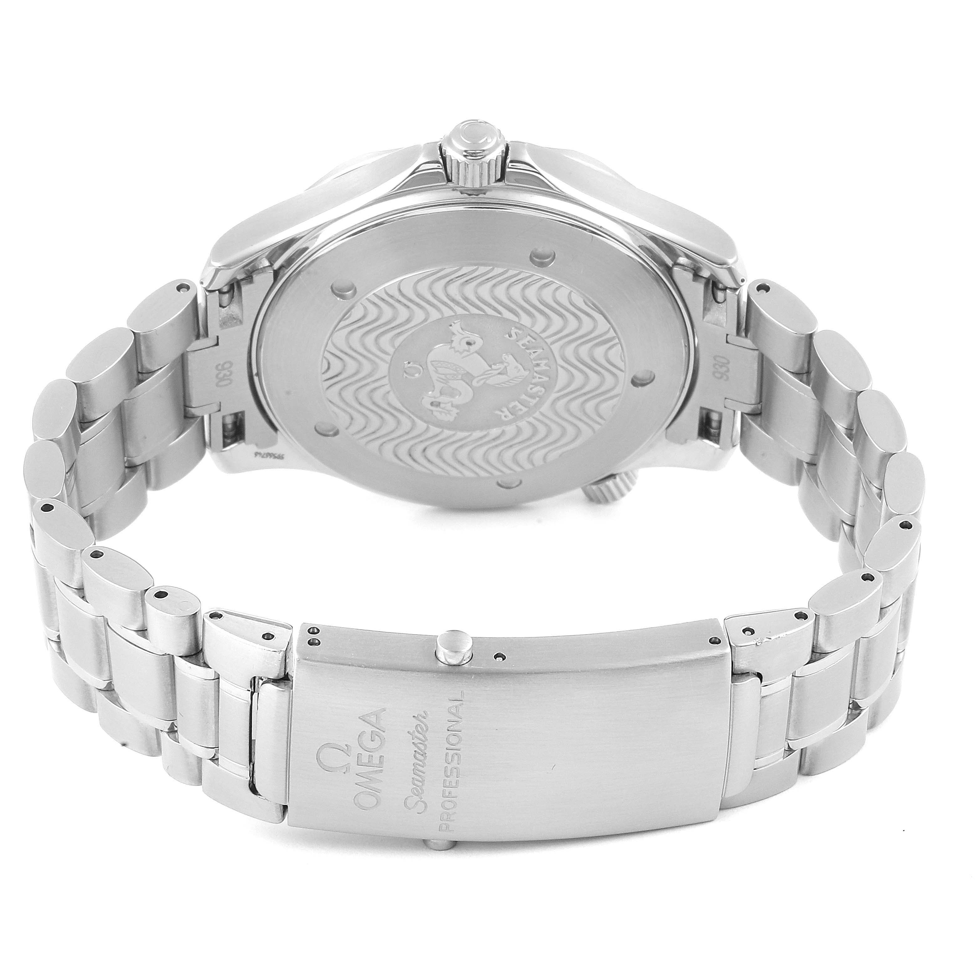 The image shows the back case and bracelet of an Omega Seamaster 2264.50.00 Men's Stainless Steel Black Dial 2264.50.00 Men's Stainless Steel Black Dial watch, highlighting the clasp and engraved case back.