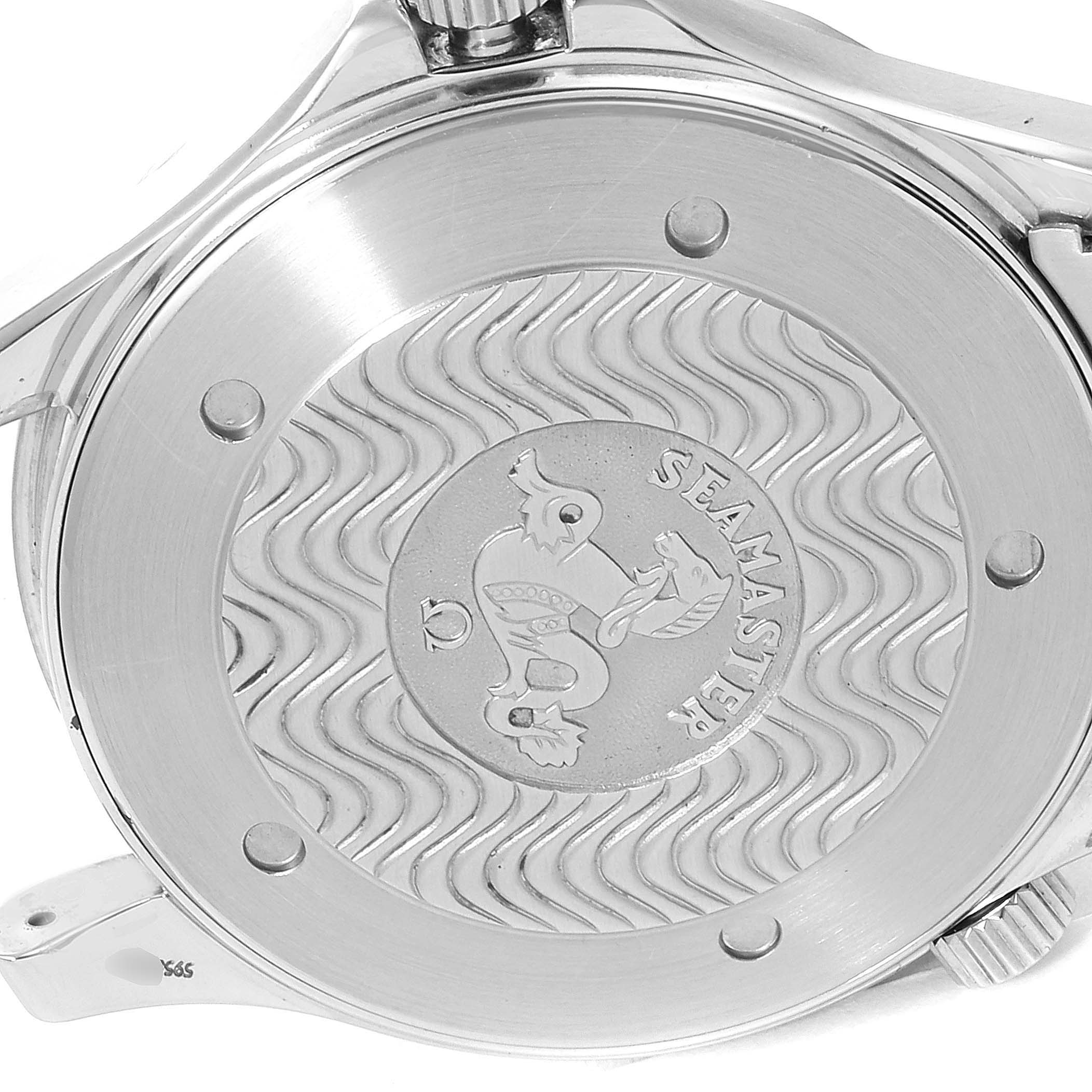 This image shows the back case of an Omega Seamaster 2264.50.00 Men's Stainless Steel Black Dial 2264.50.00 Men's Stainless Steel Black Dial watch, featuring the engraved Seamaster logo and wave pattern.