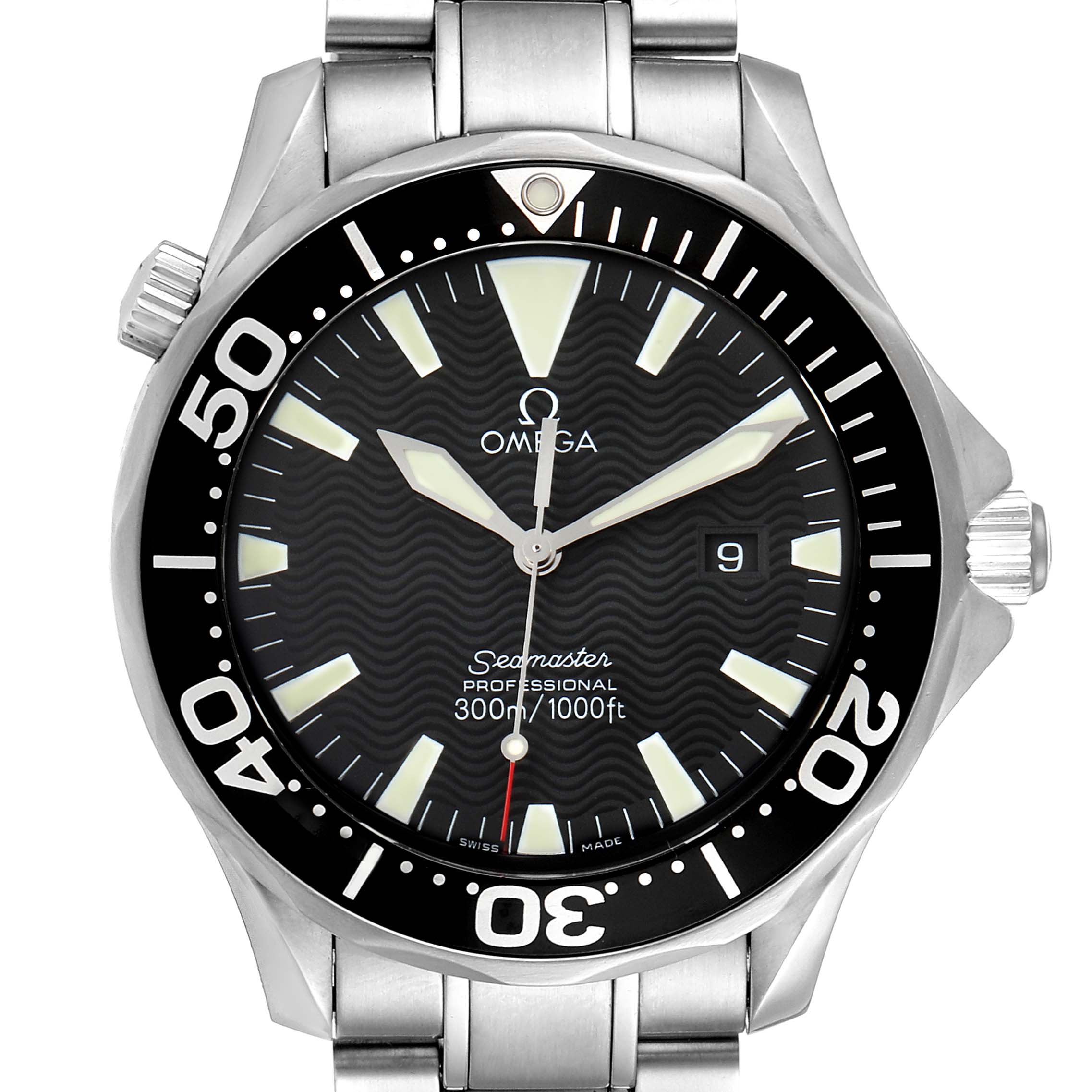 The Omega Seamaster 2264.50.00 Men's Stainless Steel Black Dial 2264.50.00 Men's Stainless Steel Black Dial watch is shown from a front angle, displaying the face, bezel, bracelet, and crown.