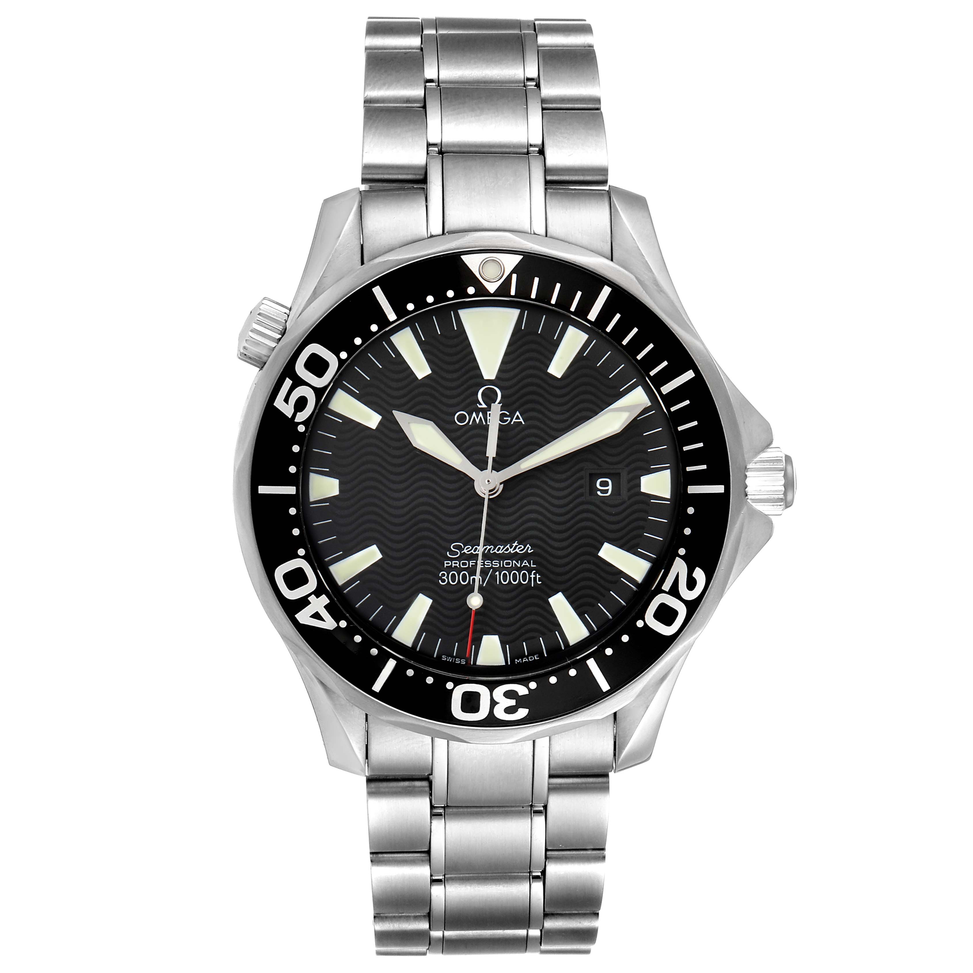 The image shows a front view of an Omega Seamaster 2264.50.00 Men's Stainless Steel Black Dial 2264.50.00 Men's Stainless Steel Black Dial watch, displaying the dial, bezel, crown, and bracelet.