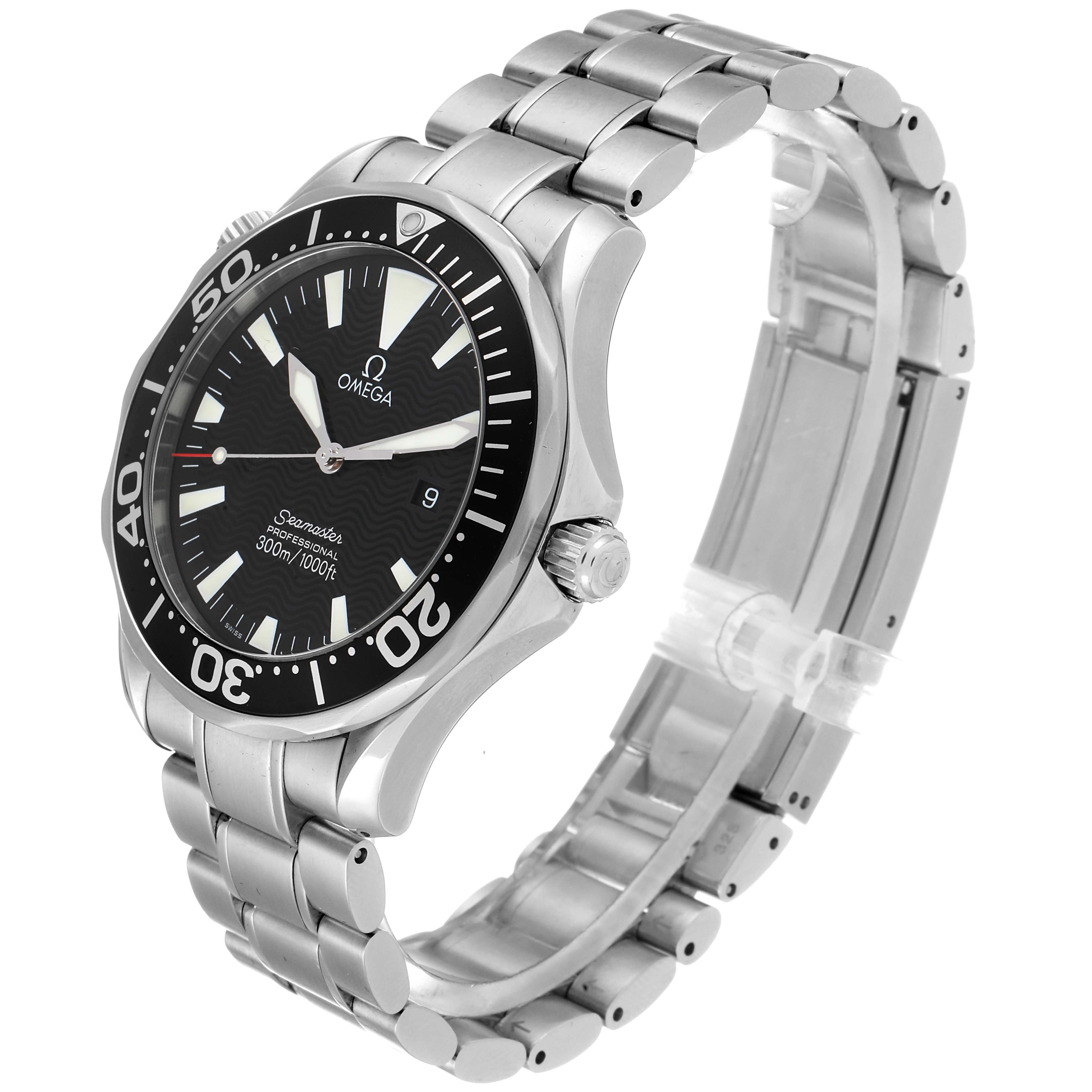 The image shows a side angle of the Omega Seamaster 2264.50.00 Men's Stainless Steel Black Dial 2264.50.00 Men's Stainless Steel Black Dial watch, highlighting the dial, bezel, crown, and stainless steel bracelet.