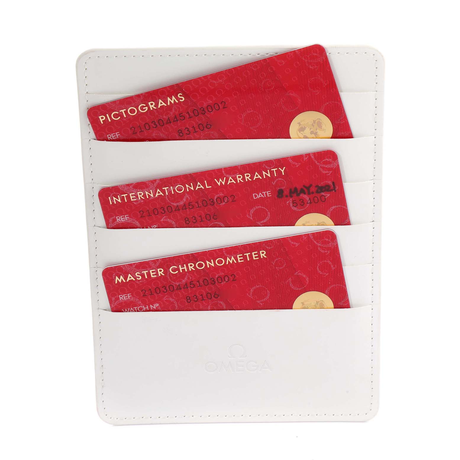 The image showcases Omega Seamaster 210.30.44.51.03.002 Men's Stainless Steel Blue Dial 210.30.44.51.03.002 Men's Stainless Steel Blue Dial watch accessories, specifically warranty and certification cards in a white holder, viewed from above.