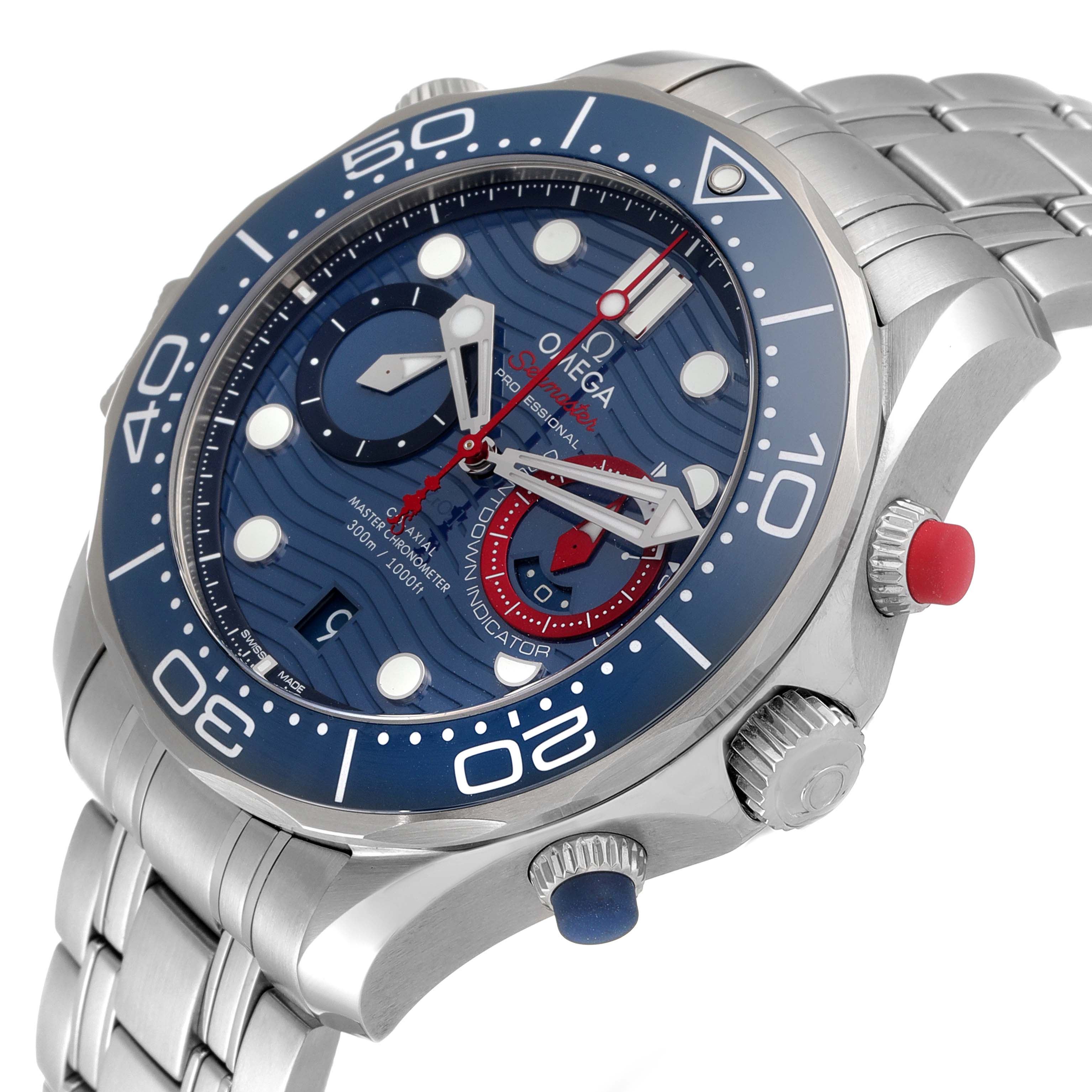 The image shows a side and top view of an Omega Seamaster 210.30.44.51.03.002 Men's Stainless Steel Blue Dial 210.30.44.51.03.002 Men's Stainless Steel Blue Dial watch, highlighting its blue dial, bezel, and metal bracelet.