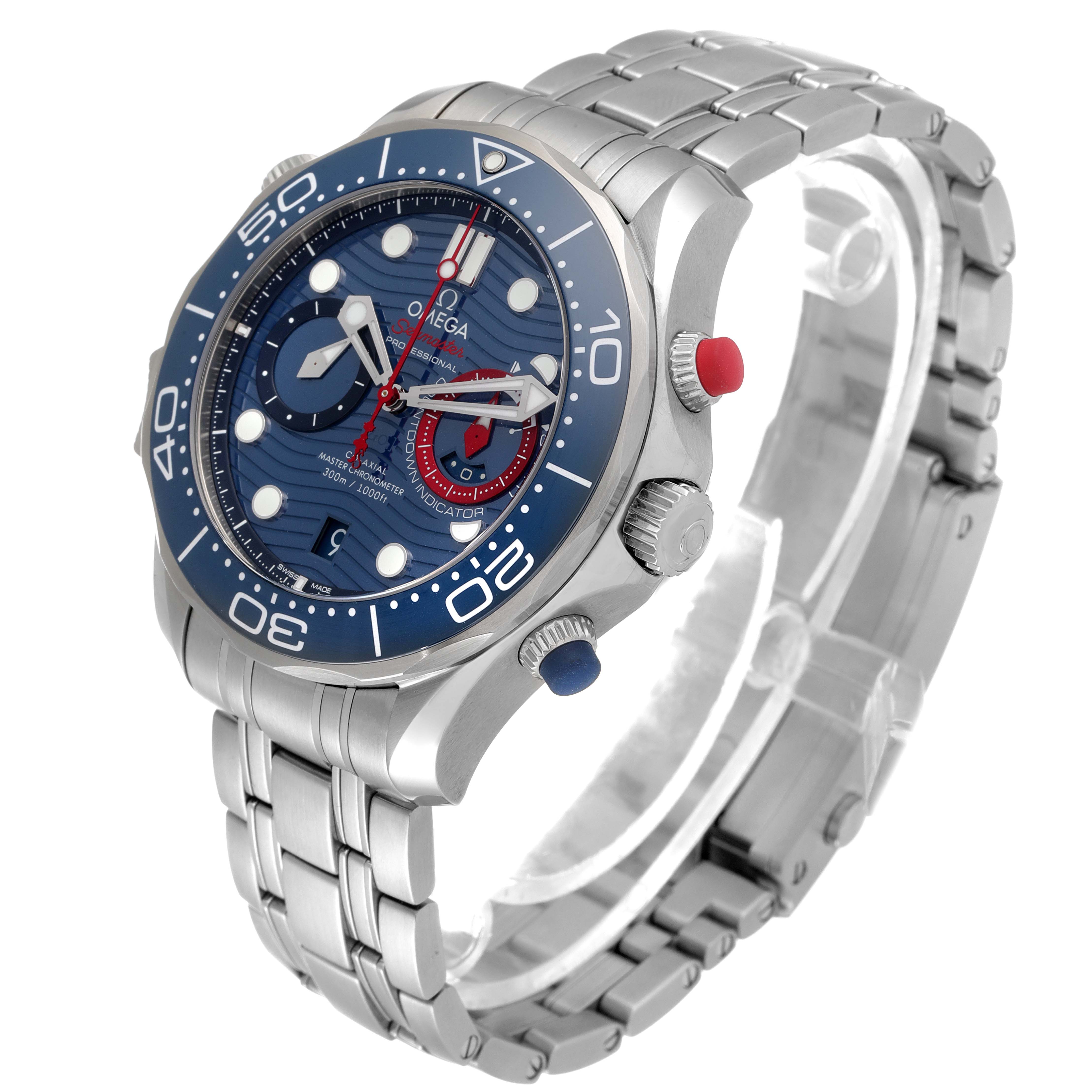 The Omega Seamaster 210.30.44.51.03.002 Men's Stainless Steel Blue Dial 210.30.44.51.03.002 Men's Stainless Steel Blue Dial watch is shown at an angle highlighting the front dial, bezel, bracelet, and side buttons.