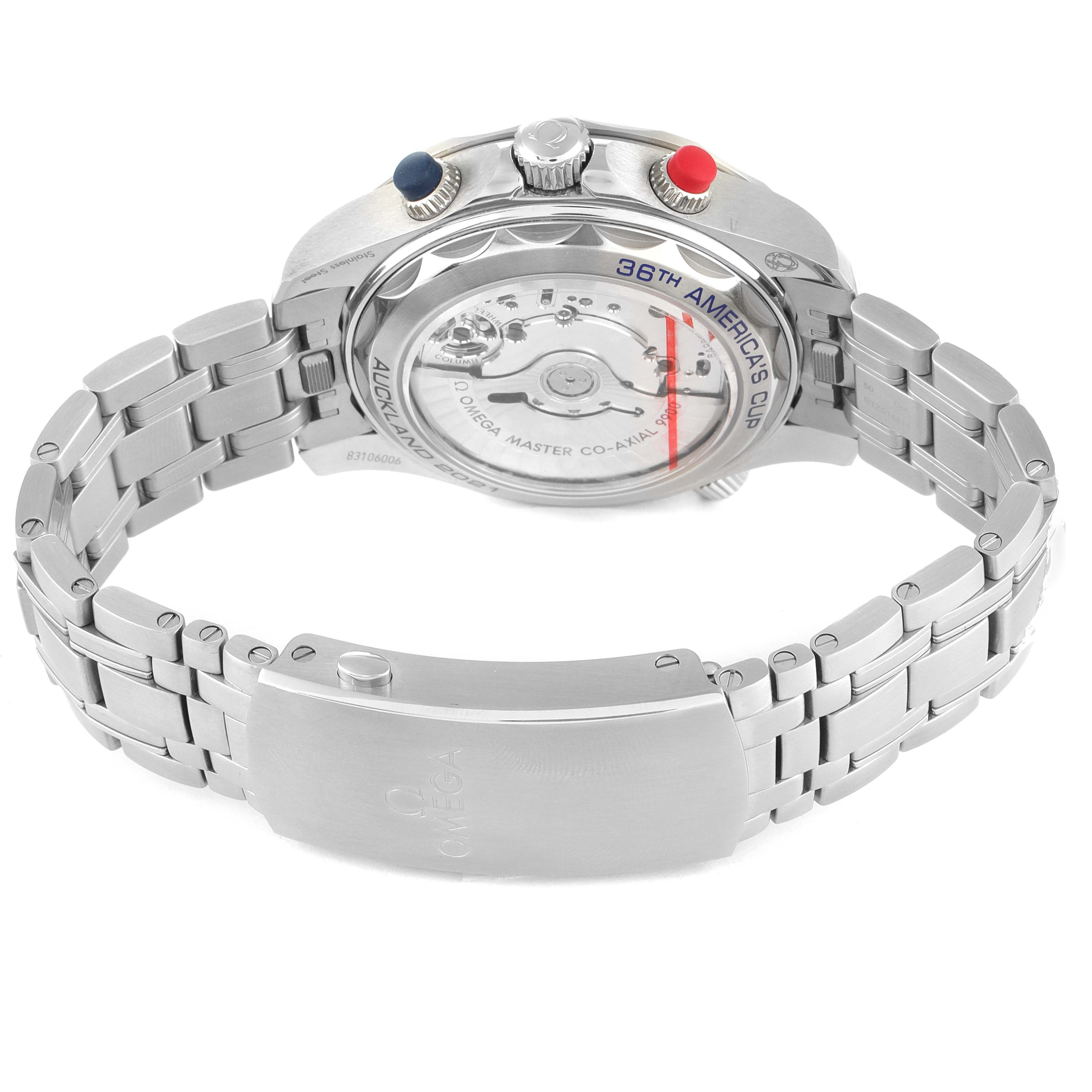 The image shows the back view of the Omega Seamaster 210.30.44.51.03.002 Men's Stainless Steel Blue Dial 210.30.44.51.03.002 Men's Stainless Steel Blue Dial watch, highlighting its transparent case back and stainless steel bracelet.