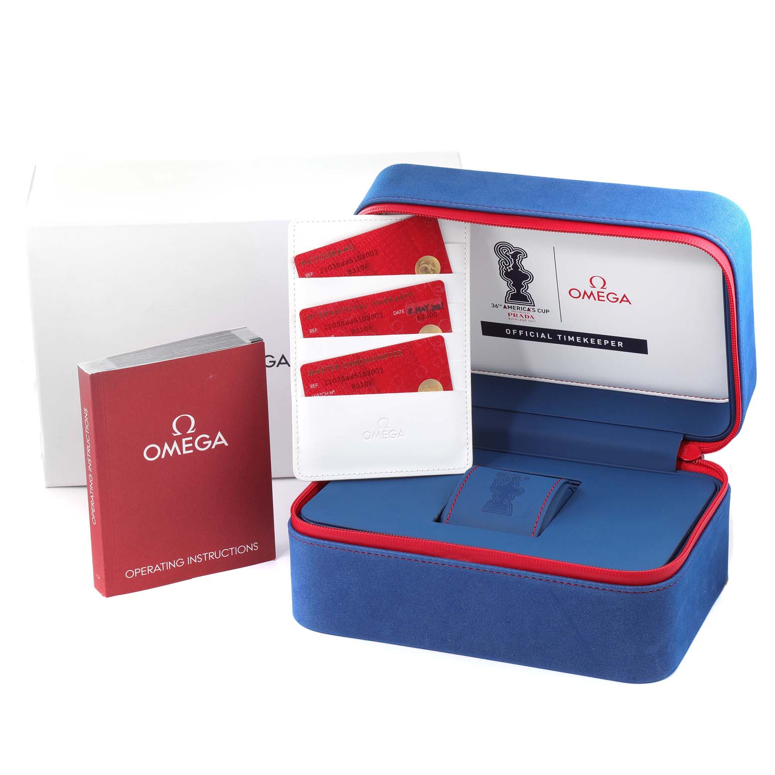 The image shows the packaging, documentation, and cards for an Omega Seamaster 210.30.44.51.03.002 Men's Stainless Steel Blue Dial 210.30.44.51.03.002 Men's Stainless Steel Blue Dial watch, with an open blue and red case.