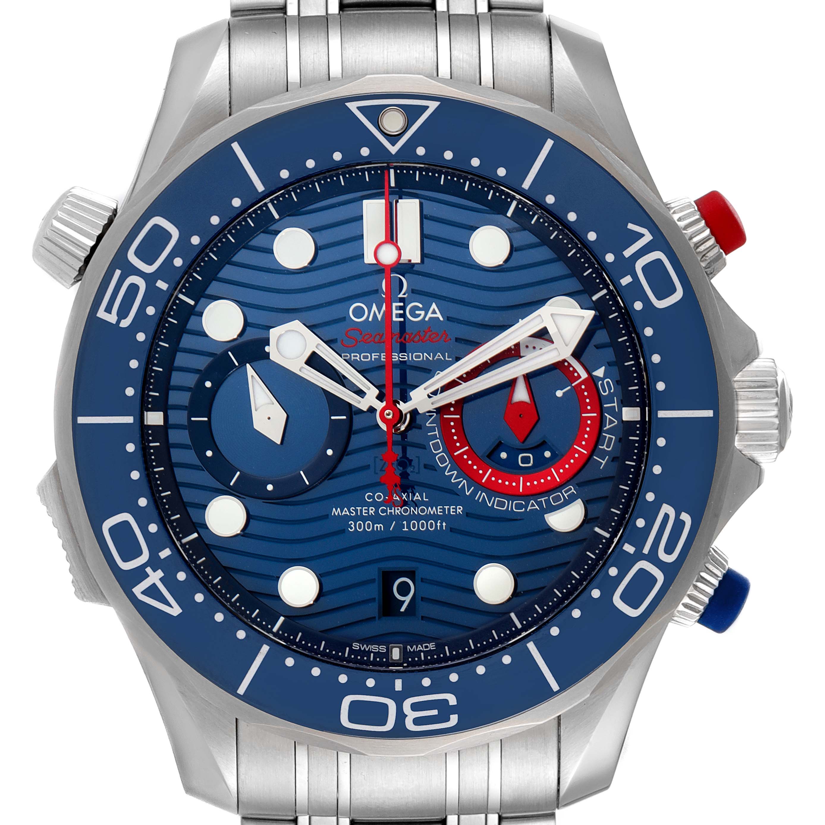 The Omega Seamaster 210.30.44.51.03.002 Men's Stainless Steel Blue Dial 210.30.44.51.03.002 Men's Stainless Steel Blue Dial watch is shown from the front, displaying its blue dial, bezel, and various chronograph subdials and hands.
