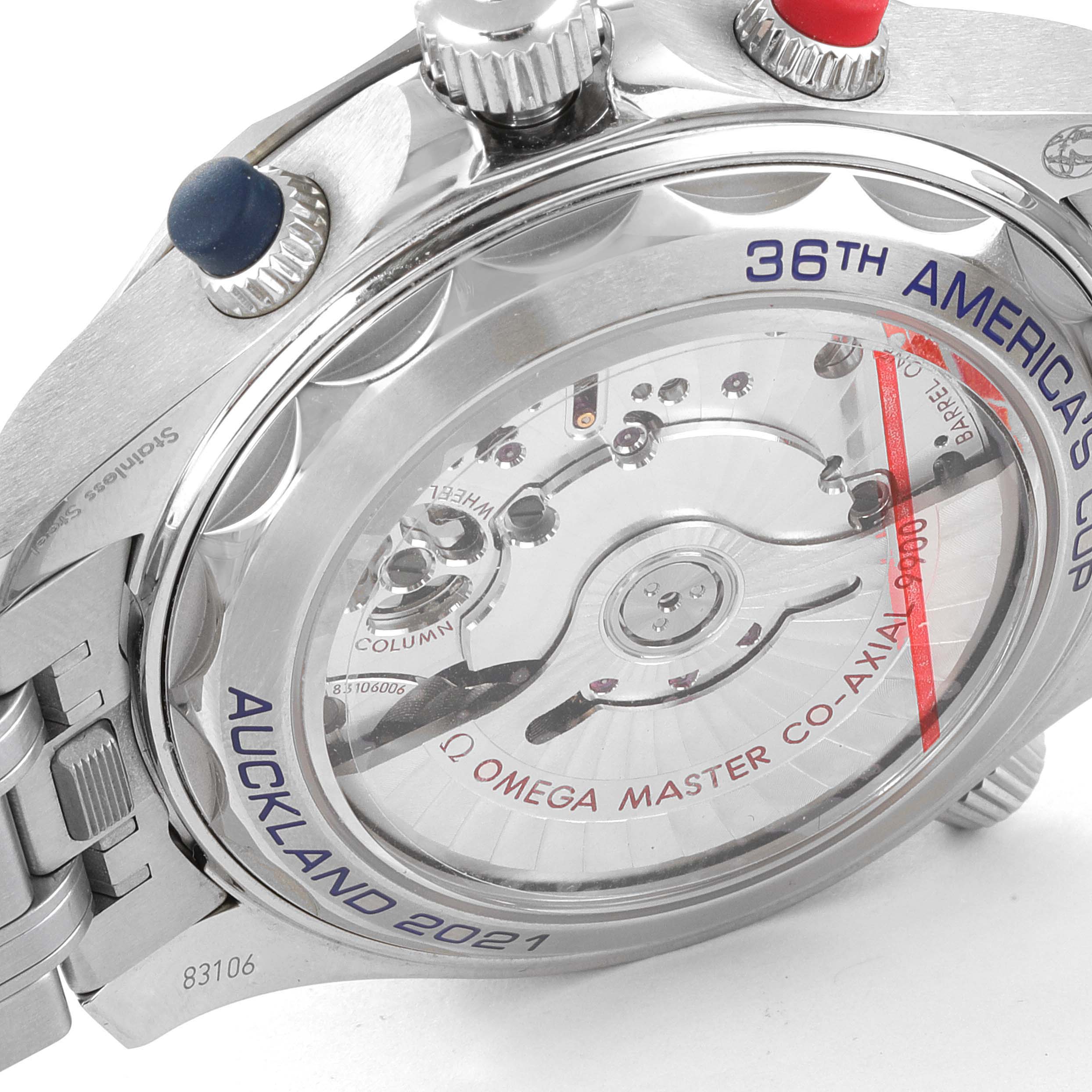 This image shows the back case and movement mechanism of the Omega Seamaster 210.30.44.51.03.002 Men's Stainless Steel Blue Dial 210.30.44.51.03.002 Men's Stainless Steel Blue Dial watch, specifically an edition commemorating the 36th America's Cup, Auckland 2021.