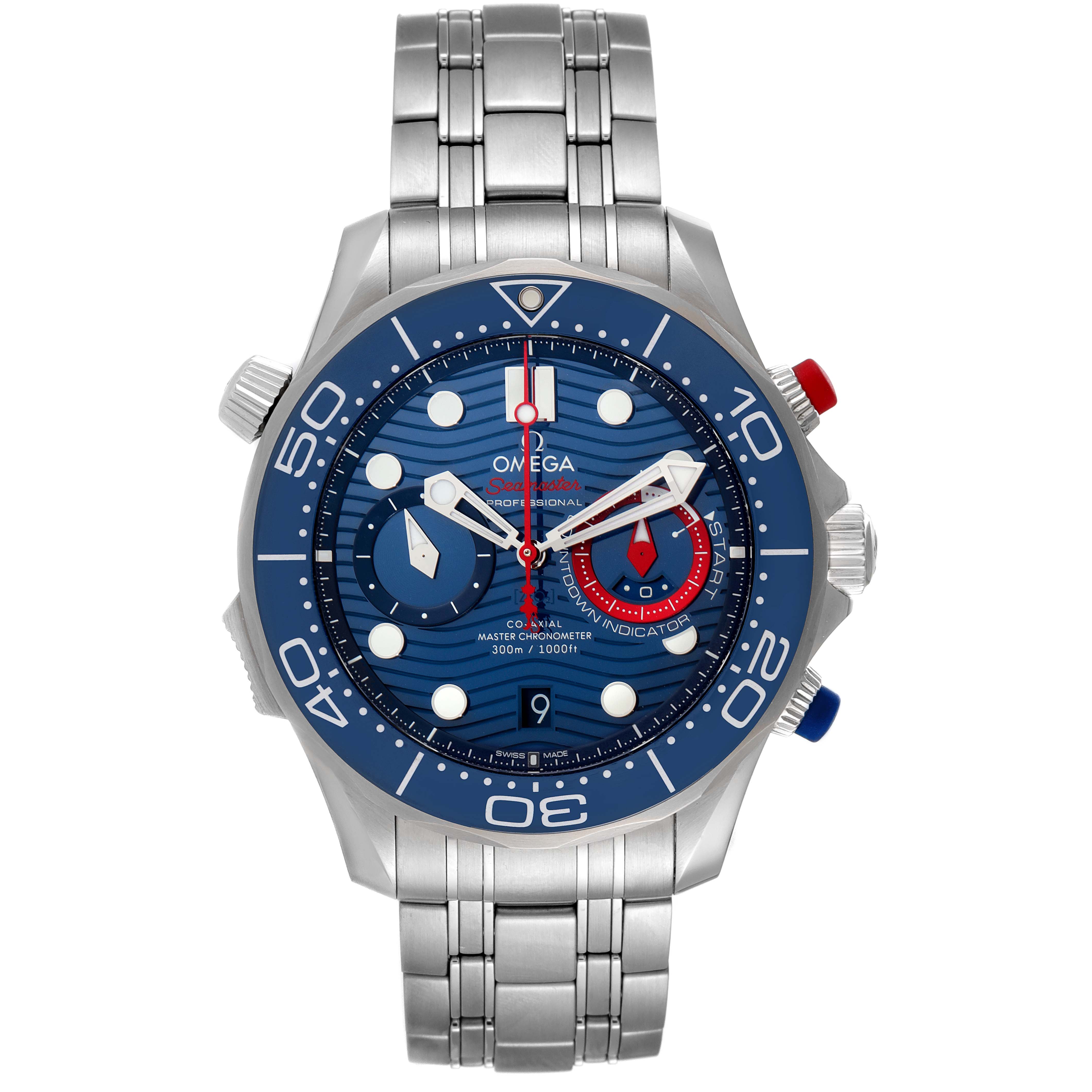 This image shows the front angle of an Omega Seamaster 210.30.44.51.03.002 Men's Stainless Steel Blue Dial 210.30.44.51.03.002 Men's Stainless Steel Blue Dial watch, displaying its dial, bezel, and stainless steel bracelet.