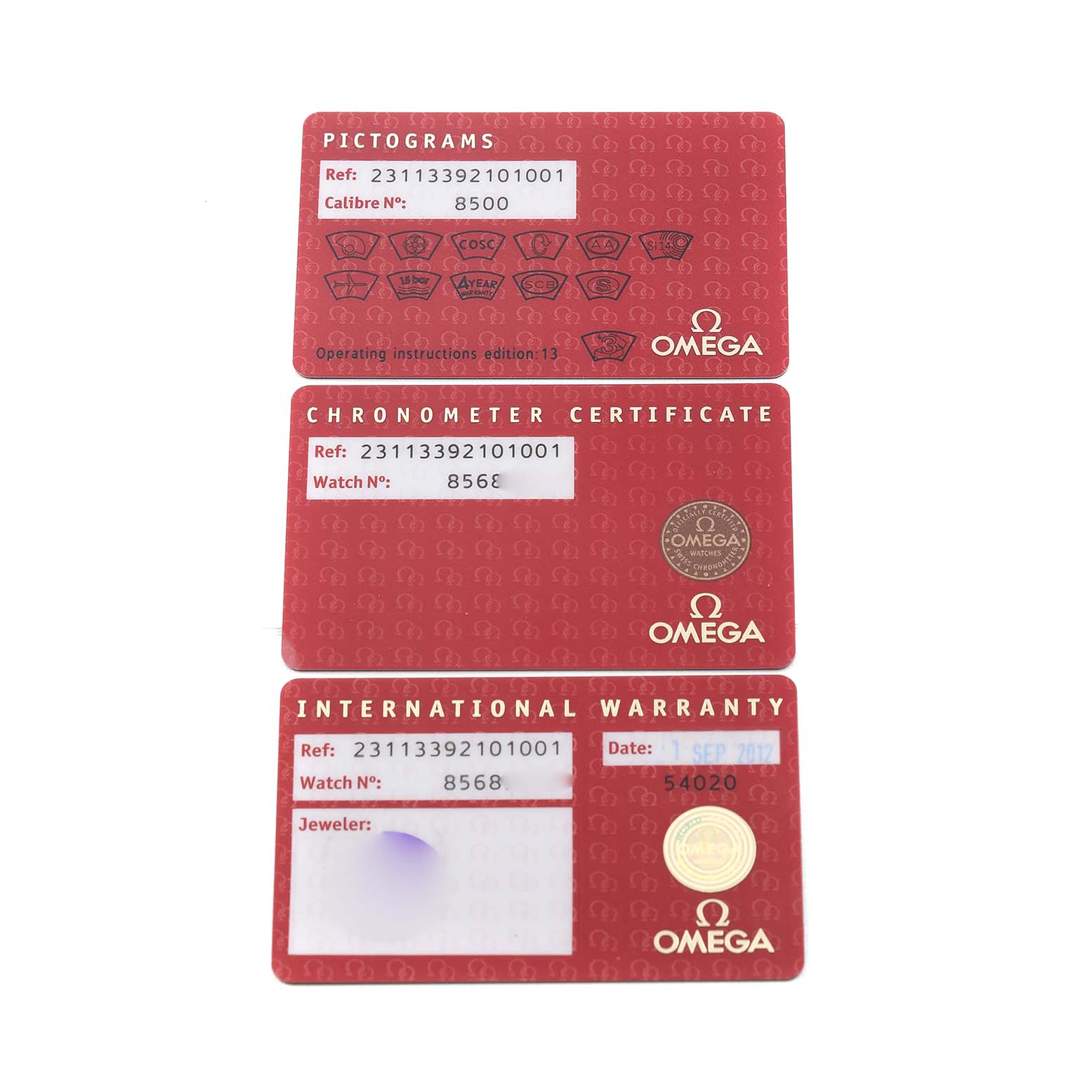 The image shows three Omega Aqua Terra 231.13.39.21.01.001 Men's Stainless Steel Beige Dial watch cards: Pictograms, Chronometer Certificate, and International Warranty.