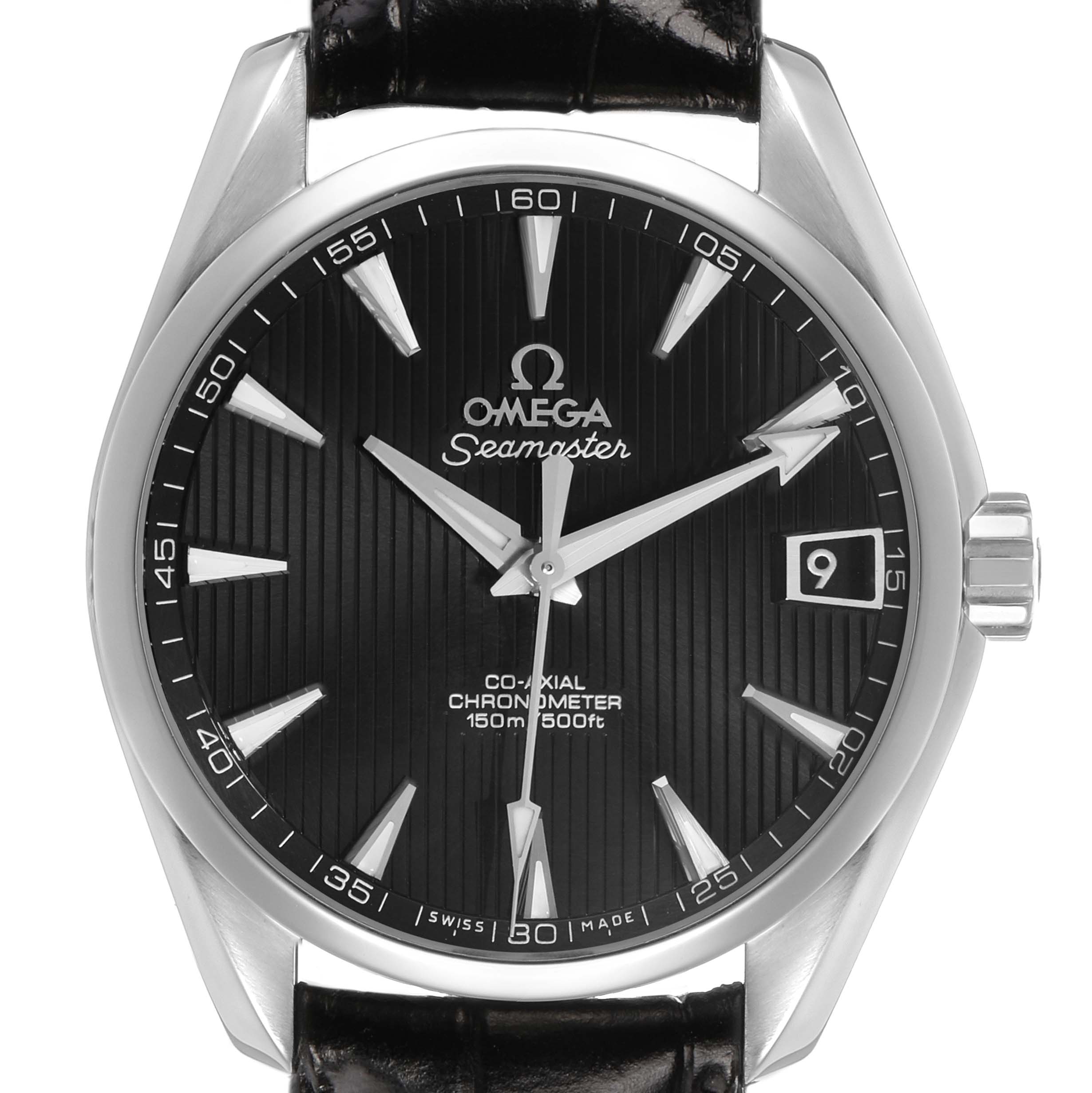 The Omega Aqua Terra 231.13.39.21.01.001 Men's Stainless Steel Beige Dial watch is shown from the front, highlighting the black dial, date window, and metallic hands and hour markers.