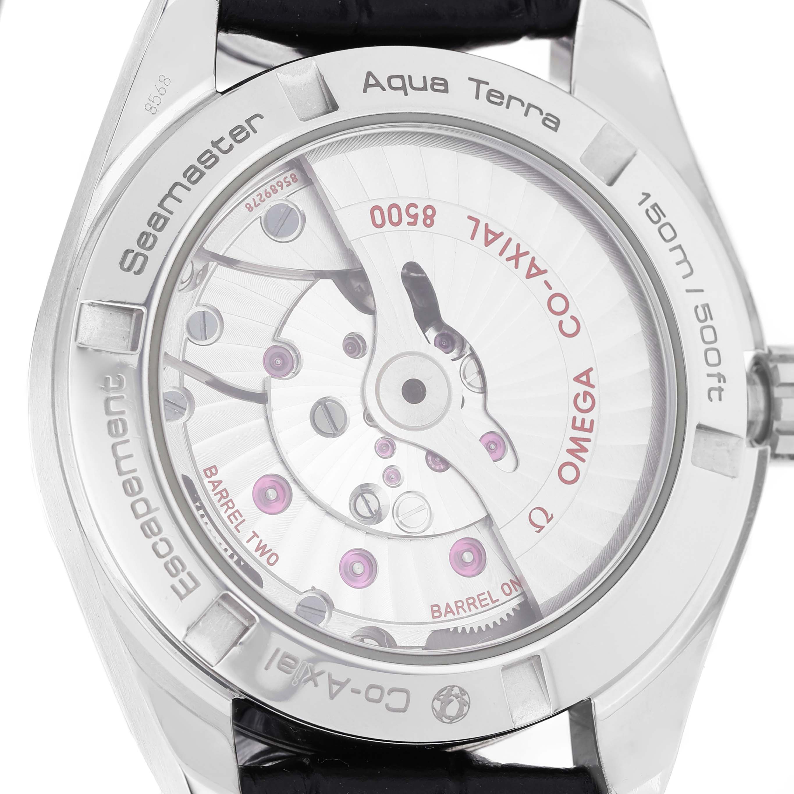 The image shows the underside of the Omega Aqua Terra 231.13.39.21.01.001 Men's Stainless Steel Beige Dial watch, highlighting the movement and casing details.