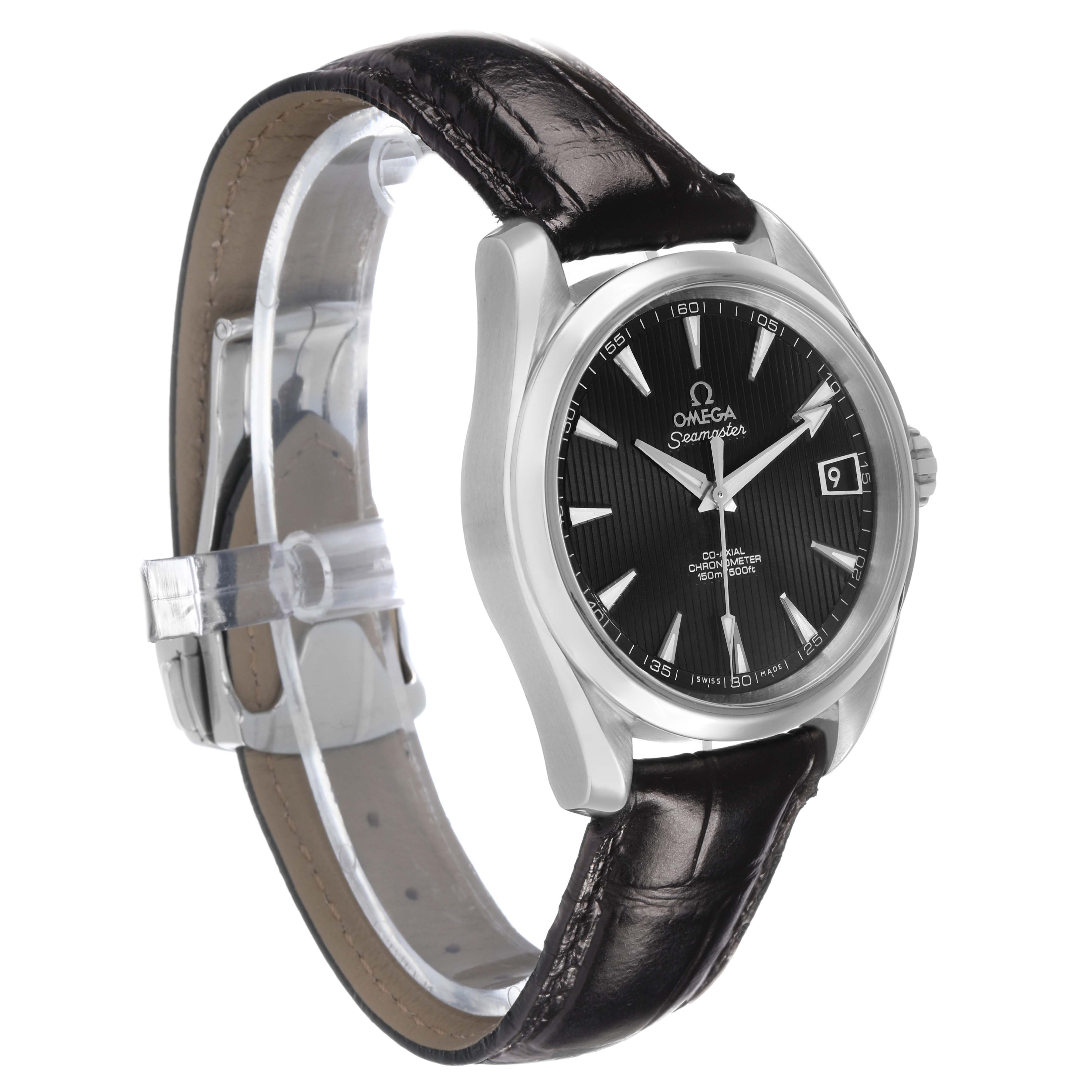 The Omega Aqua Terra 231.13.39.21.01.001 Men's Stainless Steel Beige Dial watch is shown at an angle revealing the face, bezel, crown, and leather strap.