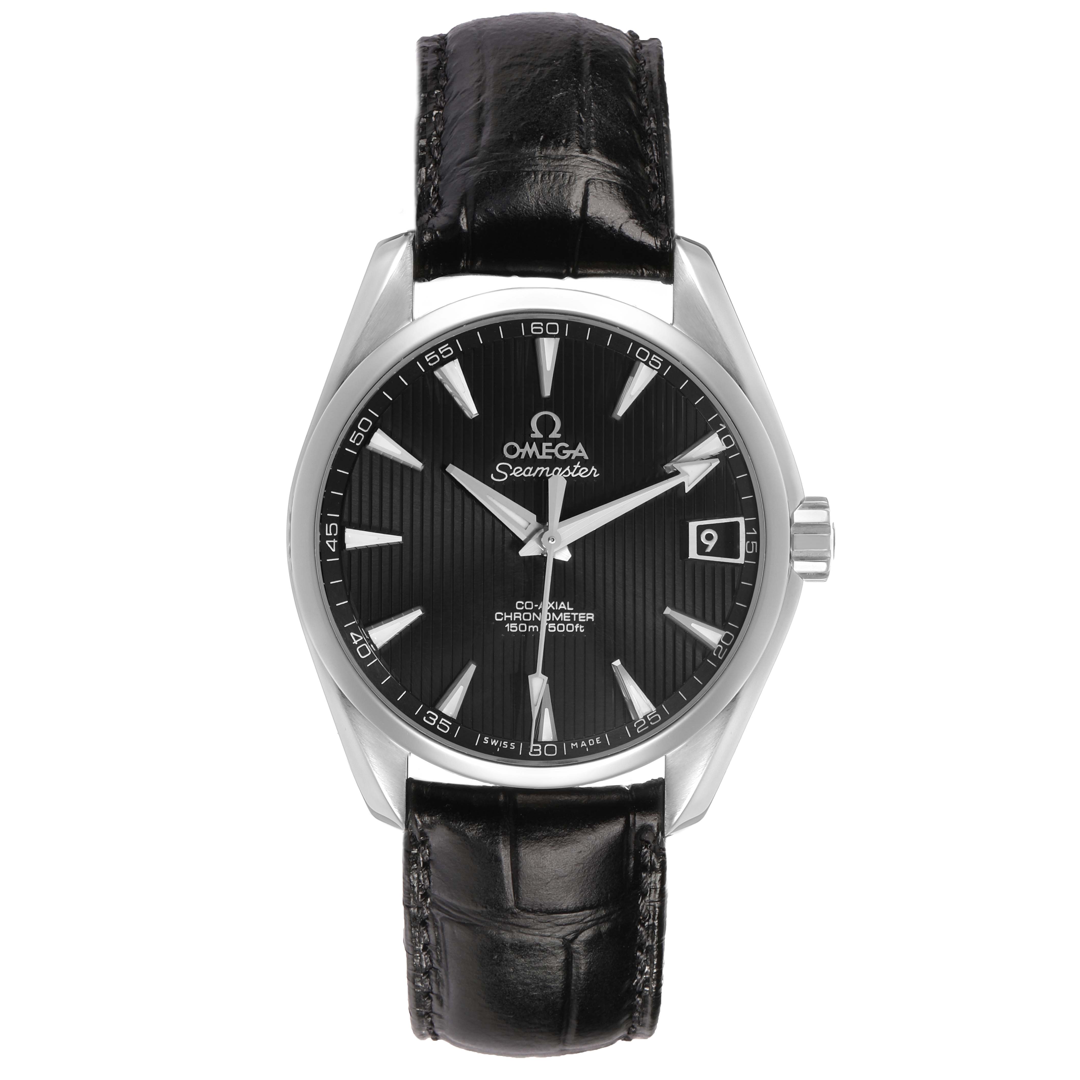 The Omega Aqua Terra 231.13.39.21.01.001 Men's Stainless Steel Beige Dial watch is shown from the front, displaying its face, hands, indices, black leather strap, and date window.