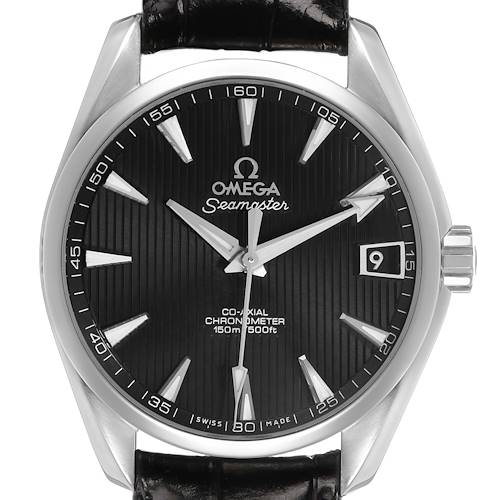 The Omega Aqua Terra 231.13.39.21.01.001 Men's Stainless Steel Beige Dial watch is shown from a front angle, highlighting the dial, hour markers, hands, date window, and case.