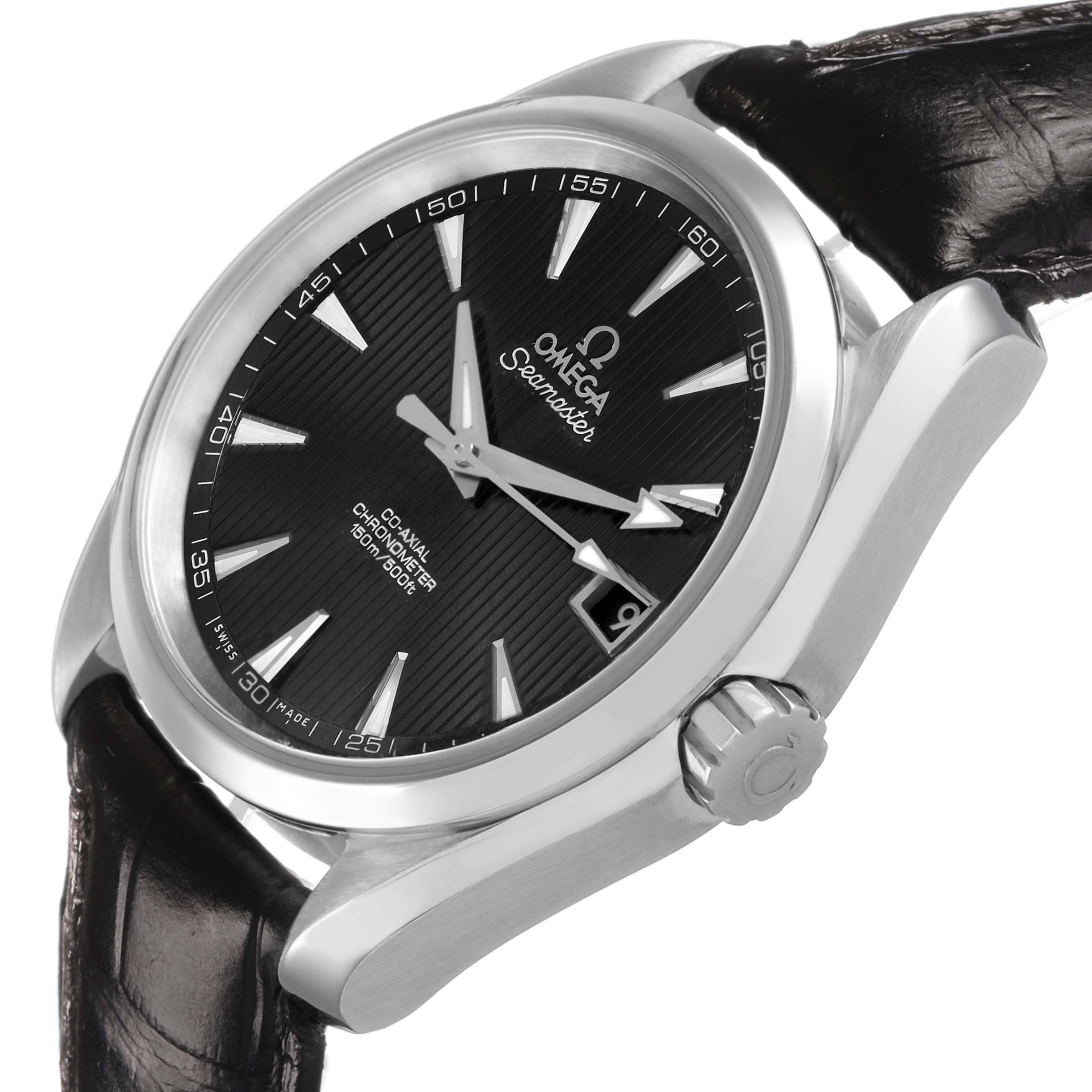 The Omega Aqua Terra 231.13.39.21.01.001 Men's Stainless Steel Beige Dial watch is shown at a three-quarter angle, highlighting the face, bezel, and crown, with a leather strap visible.