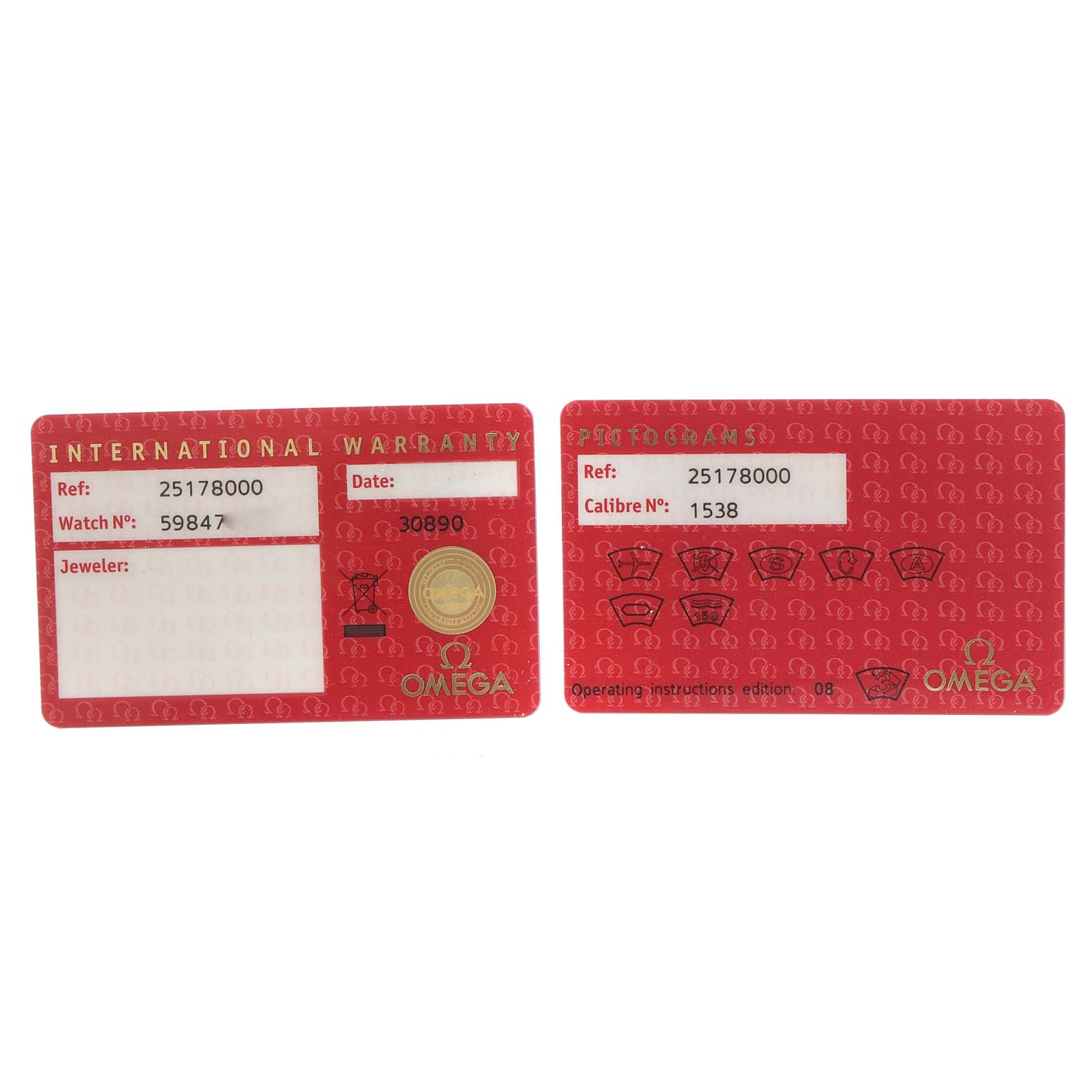 The image shows two red warranty cards for the Omega Aqua Terra 2517.80.00 Men
s Stainless Steel Blue Dial 2517.80.00 Men
s Stainless Steel Blue Dial model, displaying references, watch number, and calibre number.