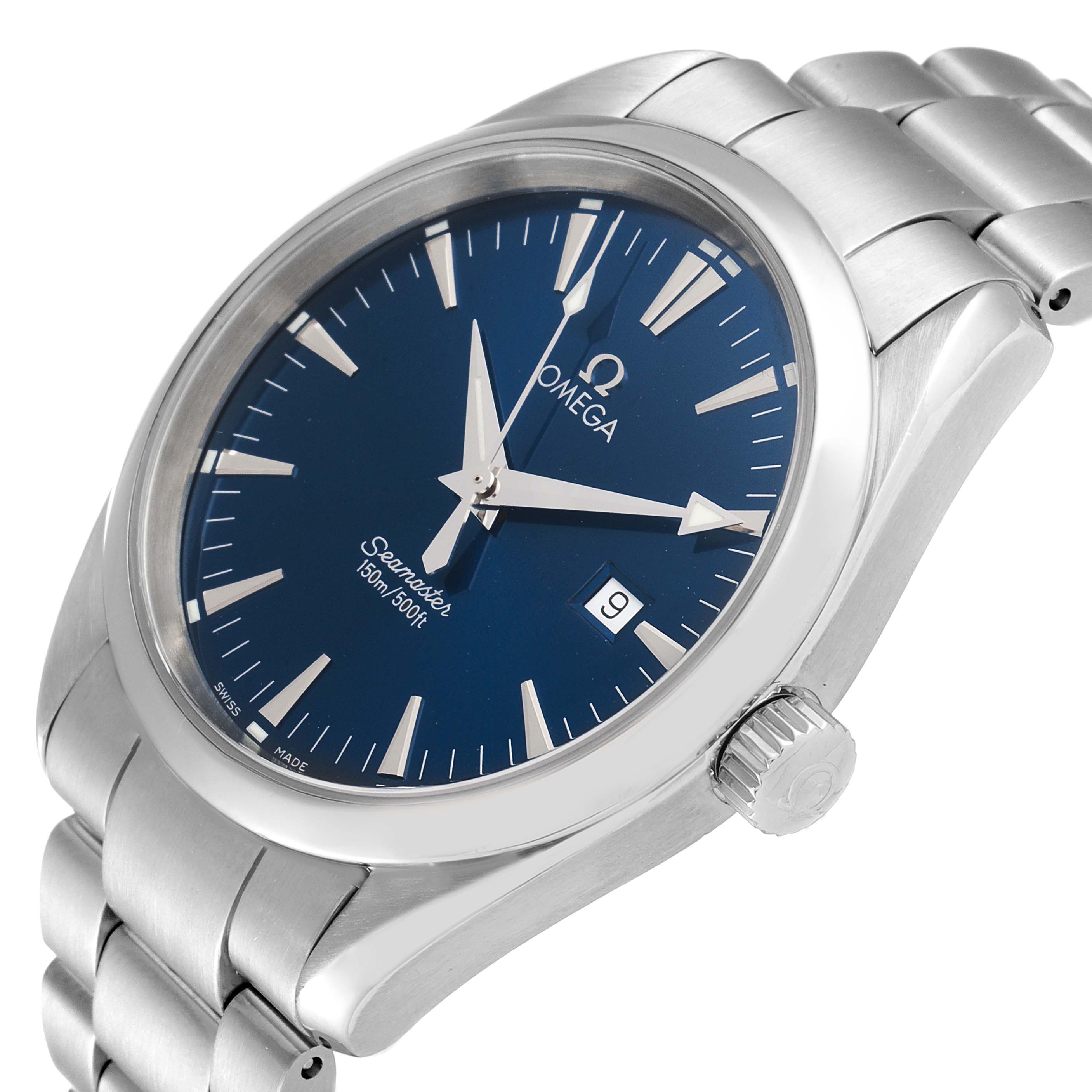 The image shows a close-up angle of the Omega Aqua Terra 2517.80.00 Men
s Stainless Steel Blue Dial 2517.80.00 Men
s Stainless Steel Blue Dial watch, highlighting its blue dial, crown, and bracelet.