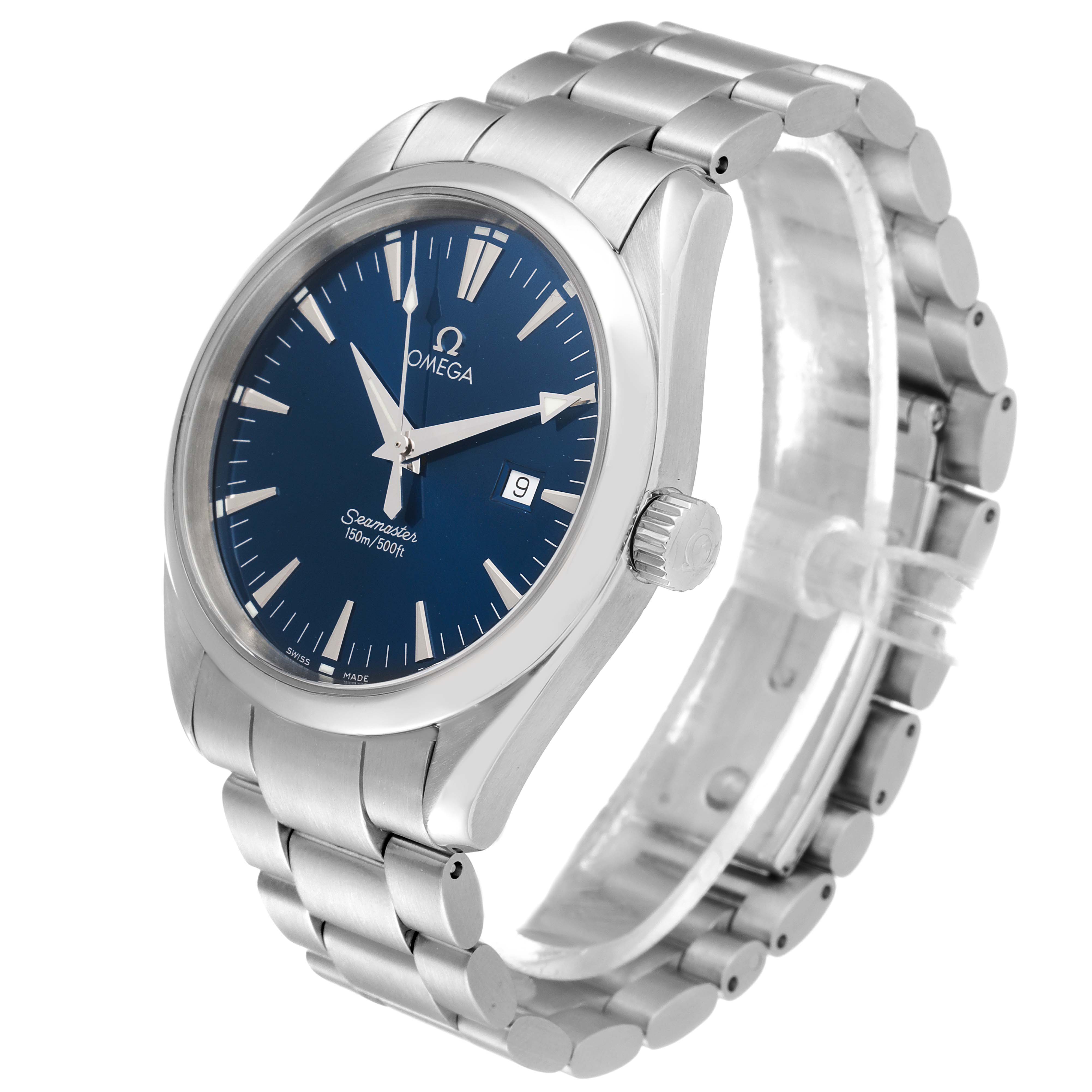 The image shows a side-angle view of the Omega Aqua Terra 2517.80.00 Men
s Stainless Steel Blue Dial 2517.80.00 Men
s Stainless Steel Blue Dial watch, highlighting its face, bezel, crown, and stainless steel bracelet.