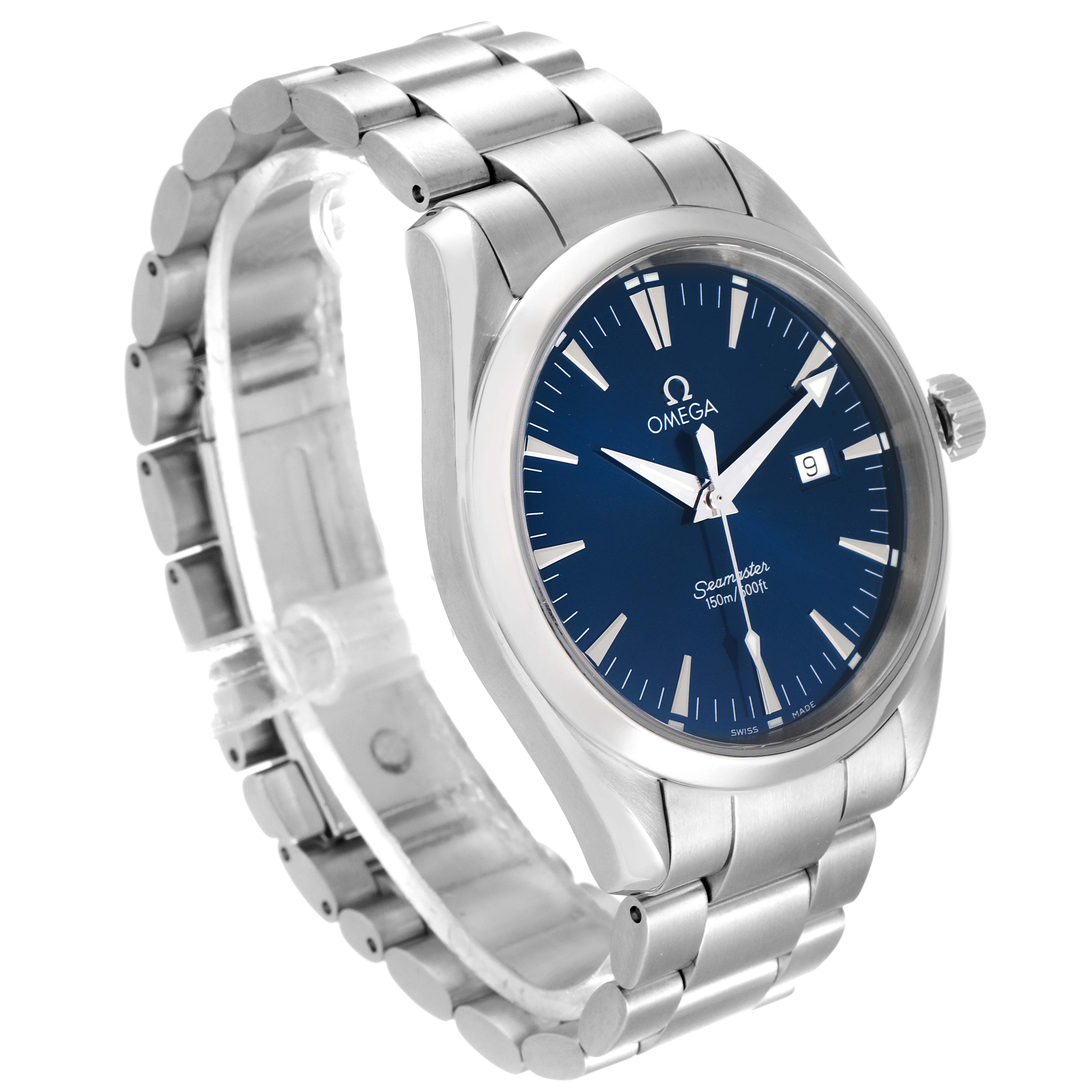 The Omega Aqua Terra 2517.80.00 Men
s Stainless Steel Blue Dial 2517.80.00 Men
s Stainless Steel Blue Dial watch is shown at a slight angle, highlighting its blue dial, date display, and stainless steel bracelet.