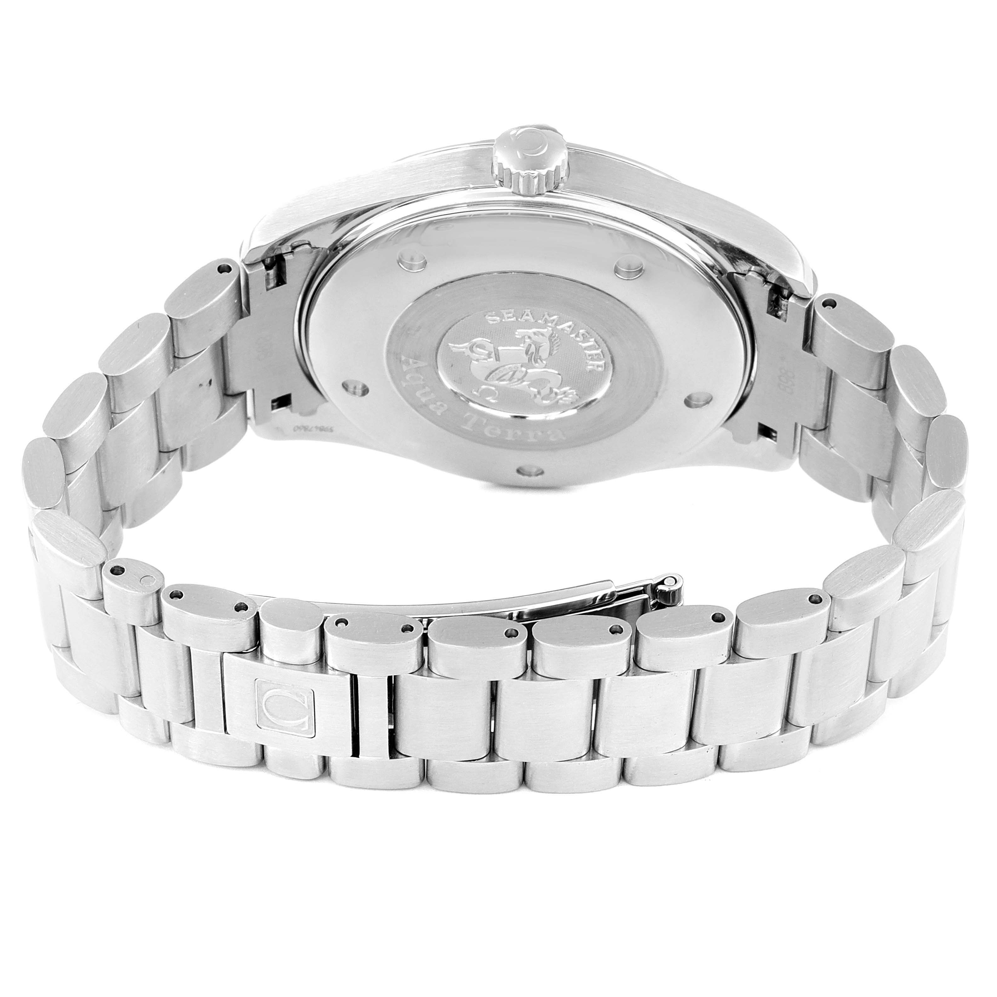 The image shows the back case and bracelet of the Omega Aqua Terra 2517.80.00 Men
s Stainless Steel Blue Dial 2517.80.00 Men
s Stainless Steel Blue Dial watch from a rear angle.