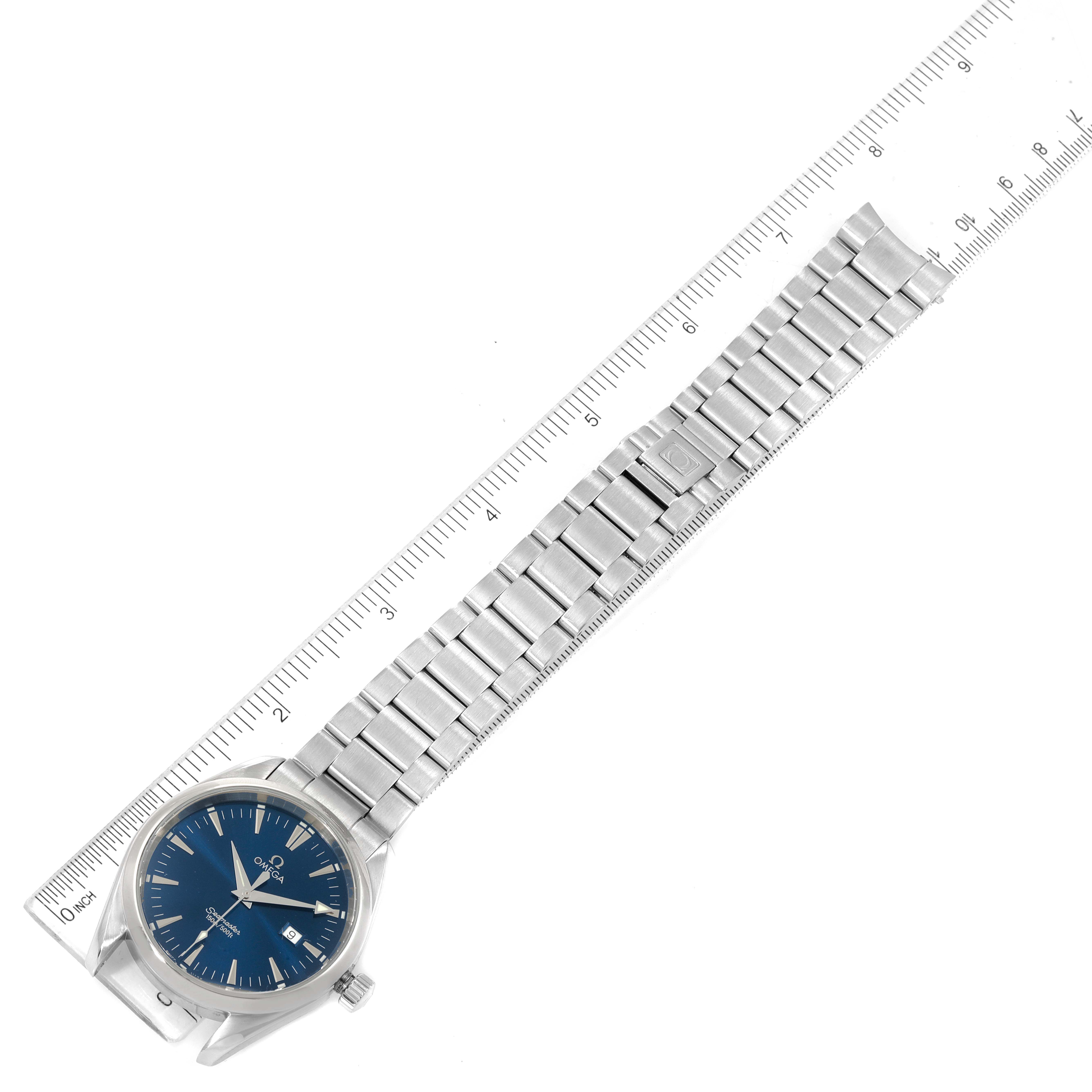 The Omega Aqua Terra 2517.80.00 Men
s Stainless Steel Blue Dial 2517.80.00 Men
s Stainless Steel Blue Dial watch is shown from a top-down angle, revealing its face, bezel, case, and bracelet in full.