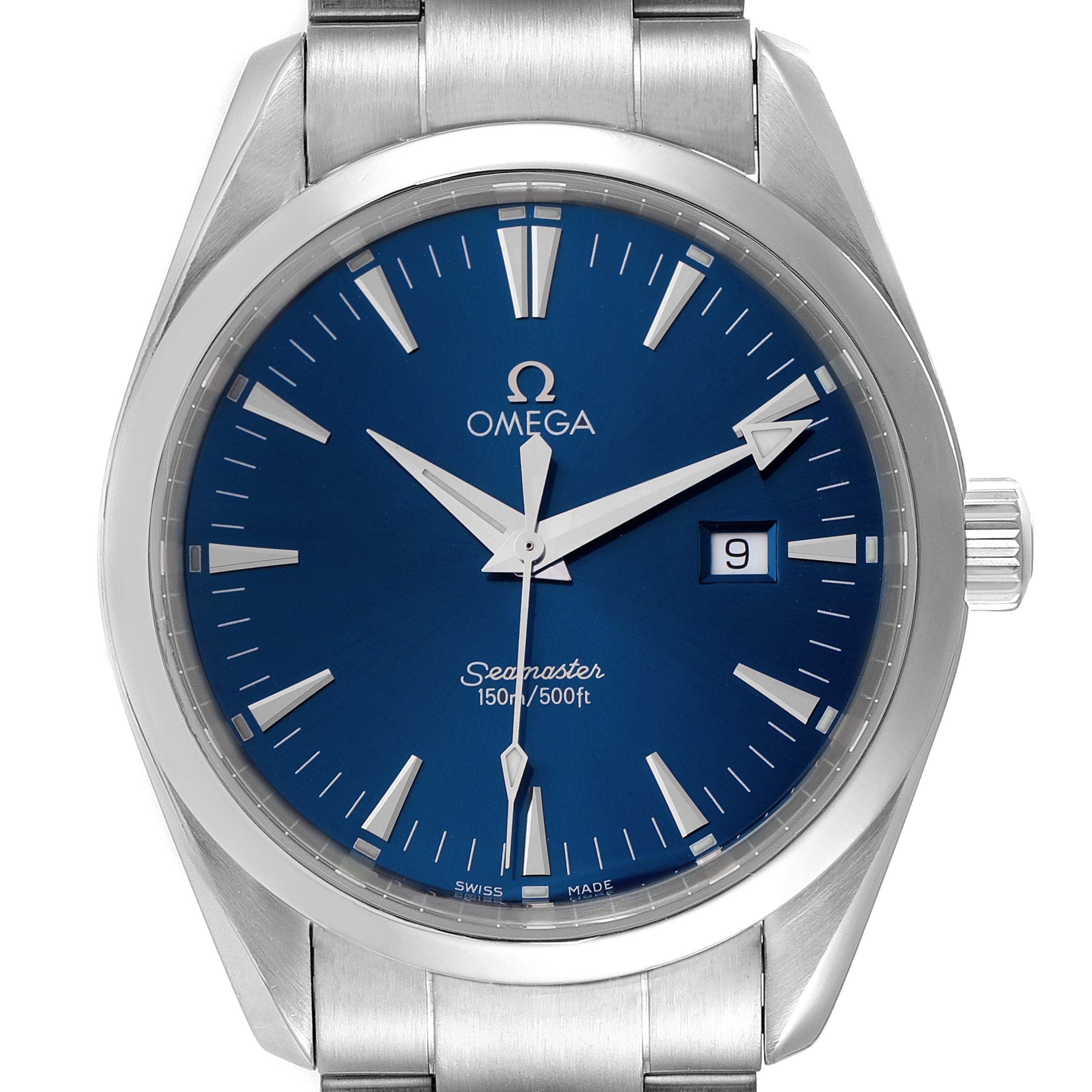This image shows a front view of the Omega Aqua Terra 2517.80.00 Men
s Stainless Steel Blue Dial 2517.80.00 Men
s Stainless Steel Blue Dial Seamaster watch, including its blue dial, hour markers, hands, date display, and stainless steel bracelet.