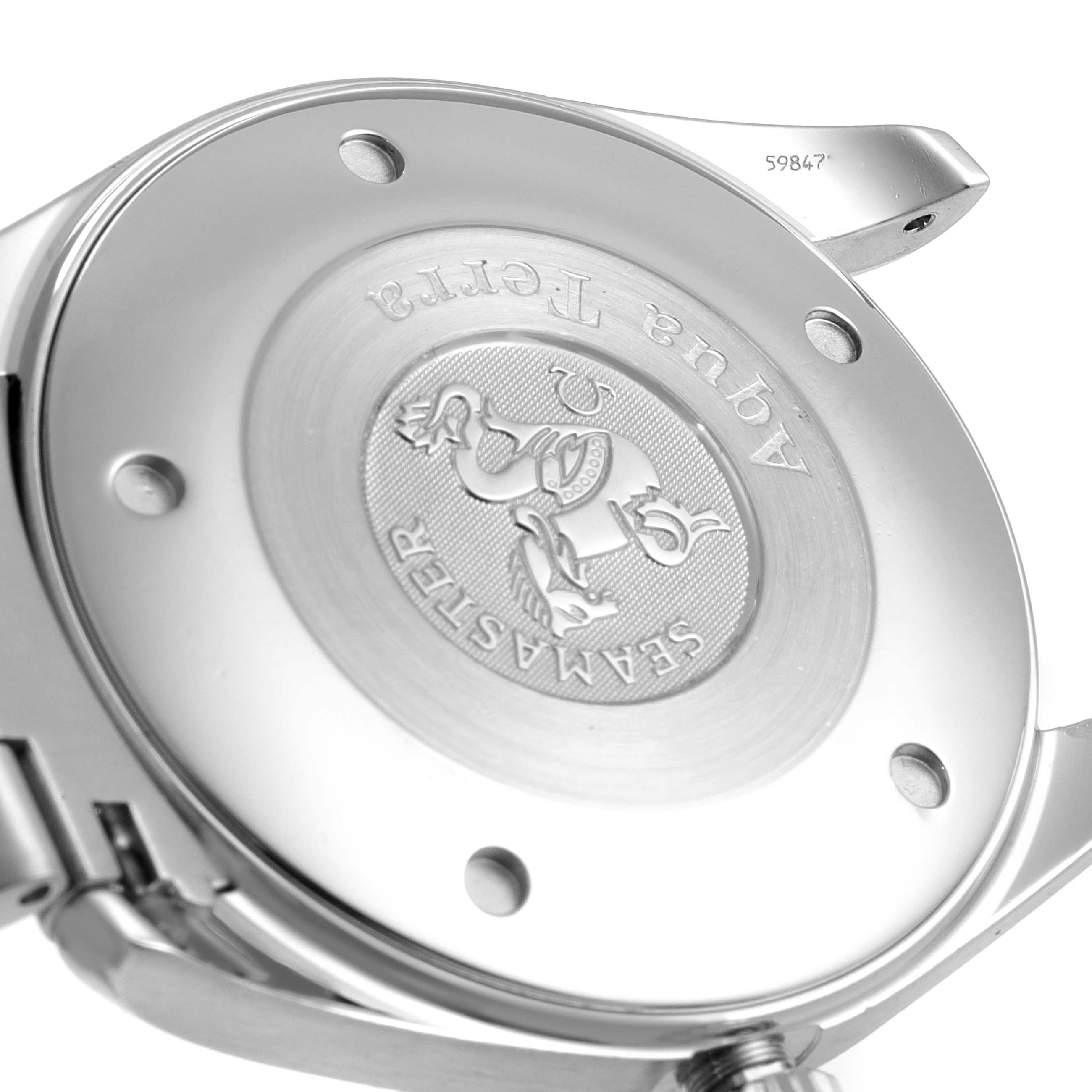 The image shows the back case of the Omega Aqua Terra 2517.80.00 Men
s Stainless Steel Blue Dial 2517.80.00 Men
s Stainless Steel Blue Dial watch, highlighting the Seamaster logo engraving.