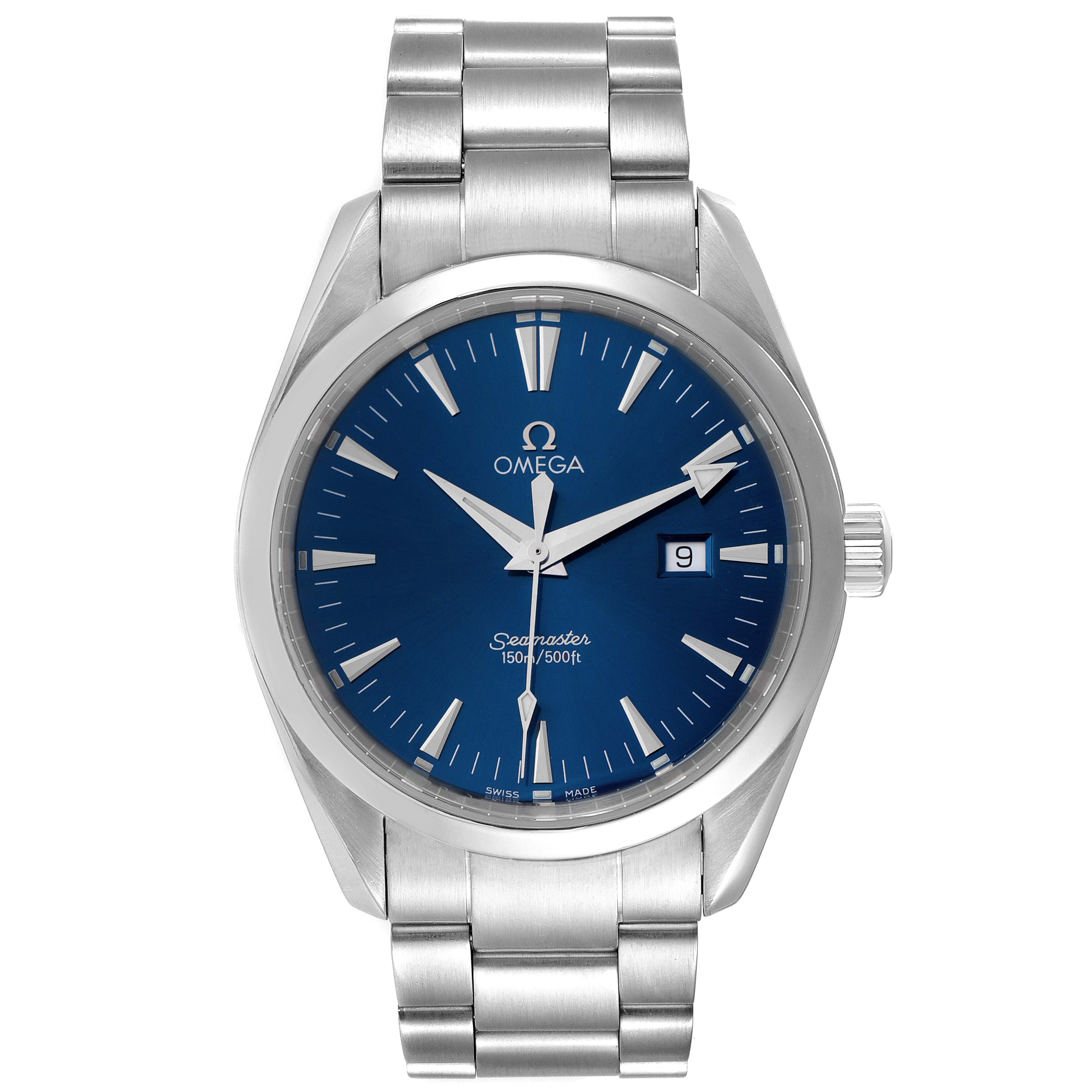 The image shows a front view of the Omega Aqua Terra 2517.80.00 Men
s Stainless Steel Blue Dial 2517.80.00 Men
s Stainless Steel Blue Dial Seamaster watch with a blue dial and metal bracelet.