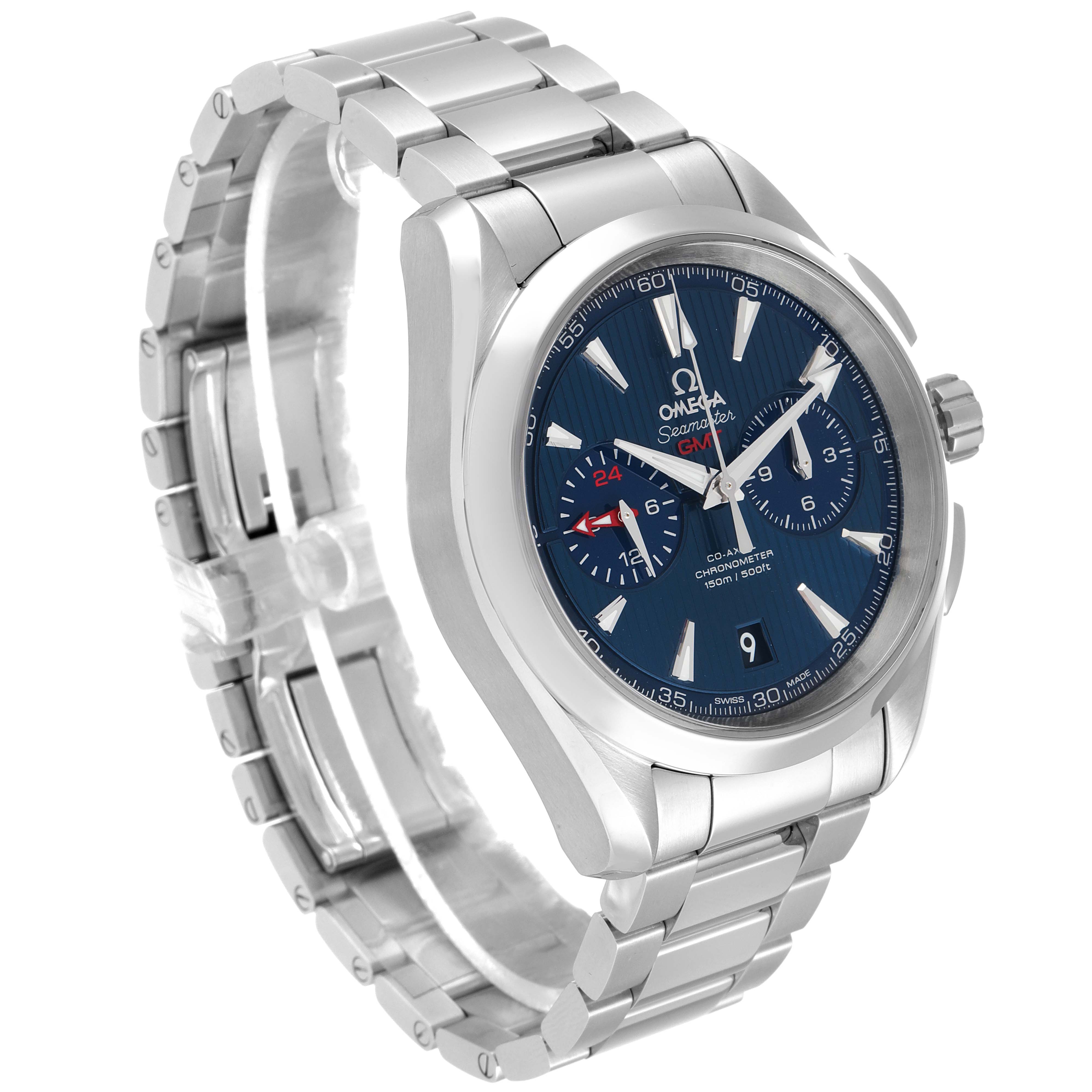 The image shows a side and front view of an Omega Aqua Terra 231.10.43.52.03.001 Men's Stainless Steel Blue Dial 231.10.43.52.03.001 Men's Stainless Steel Blue Dial watch, showcasing its blue dial, stainless steel bracelet, and crown.