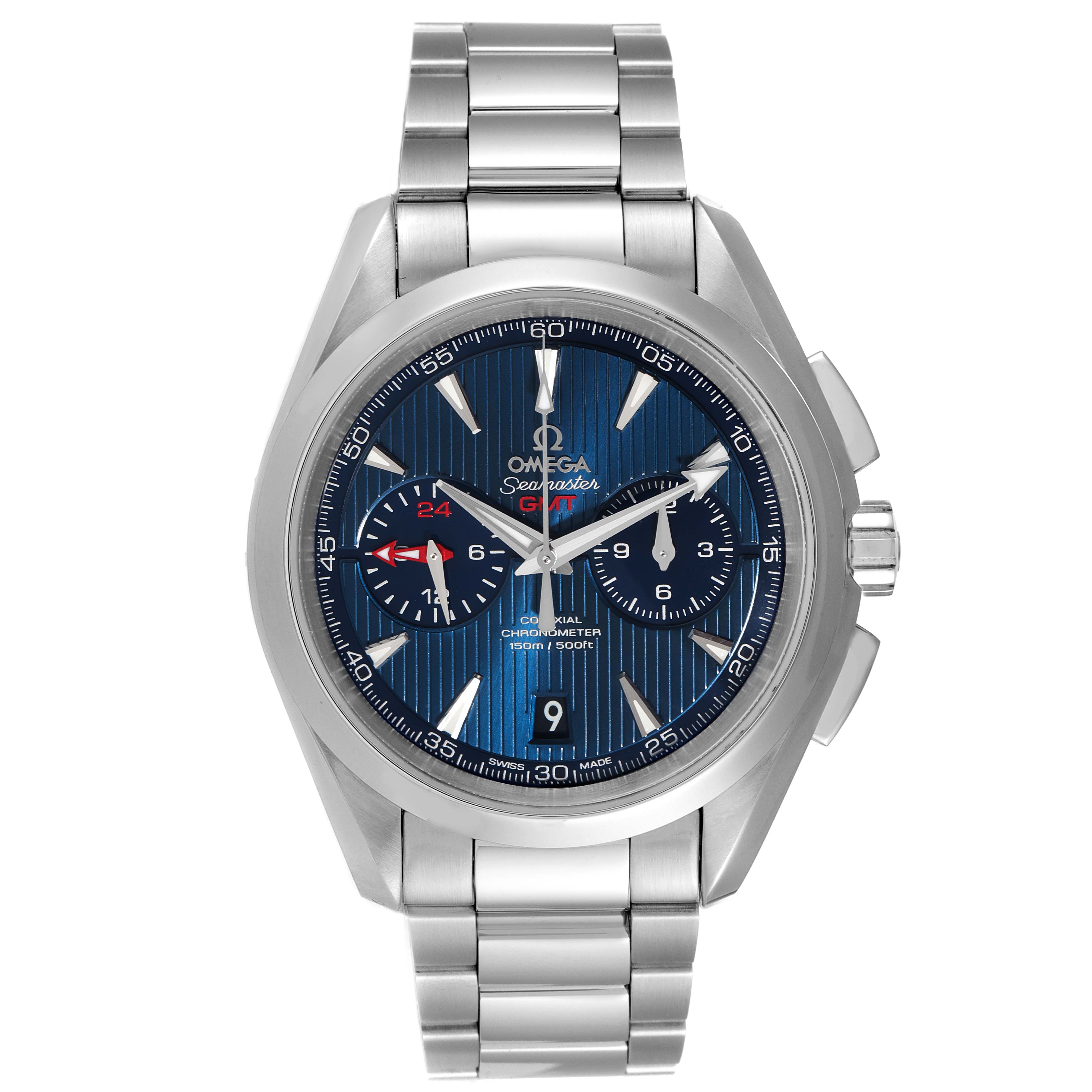 The image shows a front view of the Omega Aqua Terra 231.10.43.52.03.001 Men's Stainless Steel Blue Dial 231.10.43.52.03.001 Men's Stainless Steel Blue Dial model watch, displaying its face, bezel, crown, and metal bracelet.