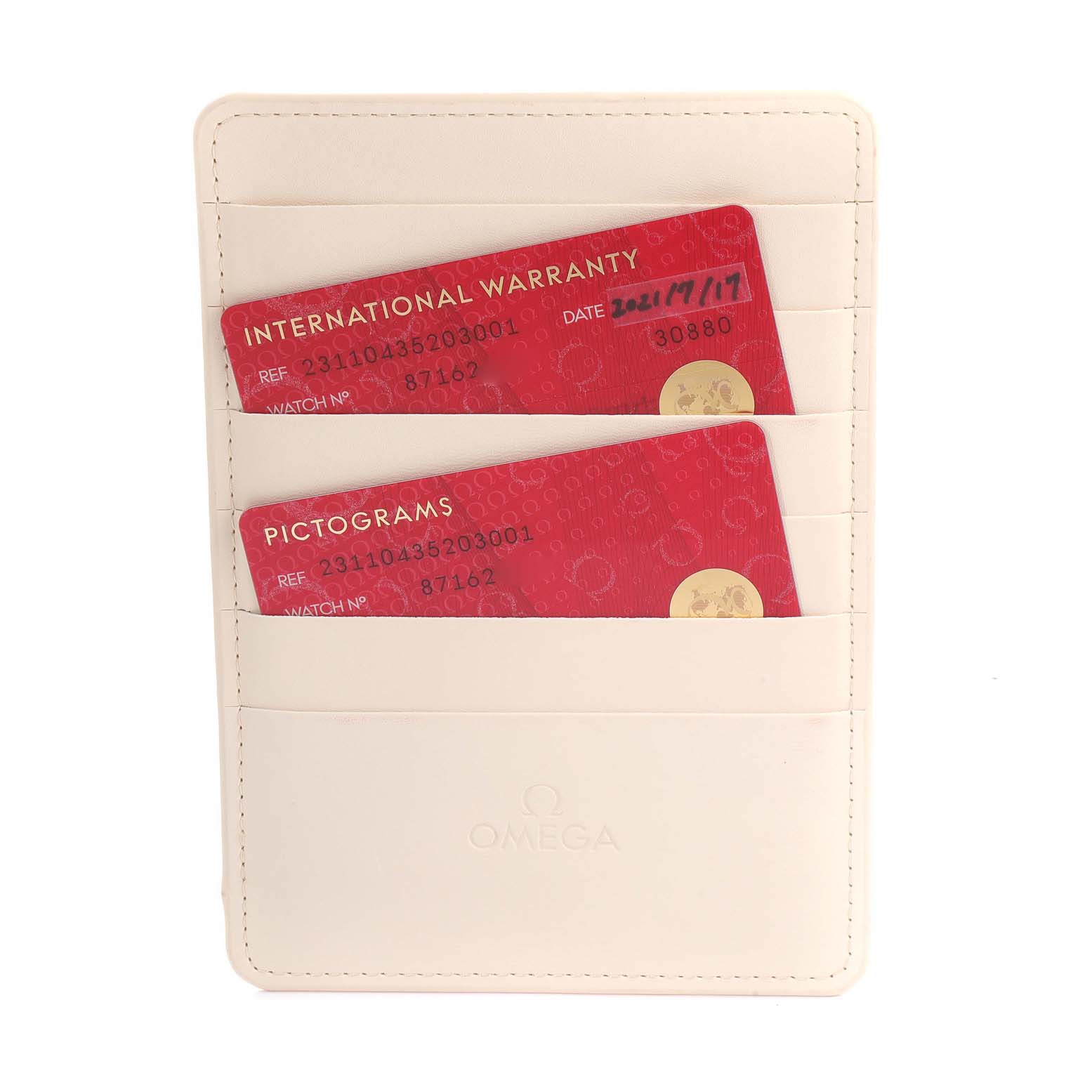 The image shows an Omega Aqua Terra 231.10.43.52.03.001 Men's Stainless Steel Blue Dial 231.10.43.52.03.001 Men's Stainless Steel Blue Dial warranty card holder containing warranty and pictogram cards, viewed from a top-down angle.