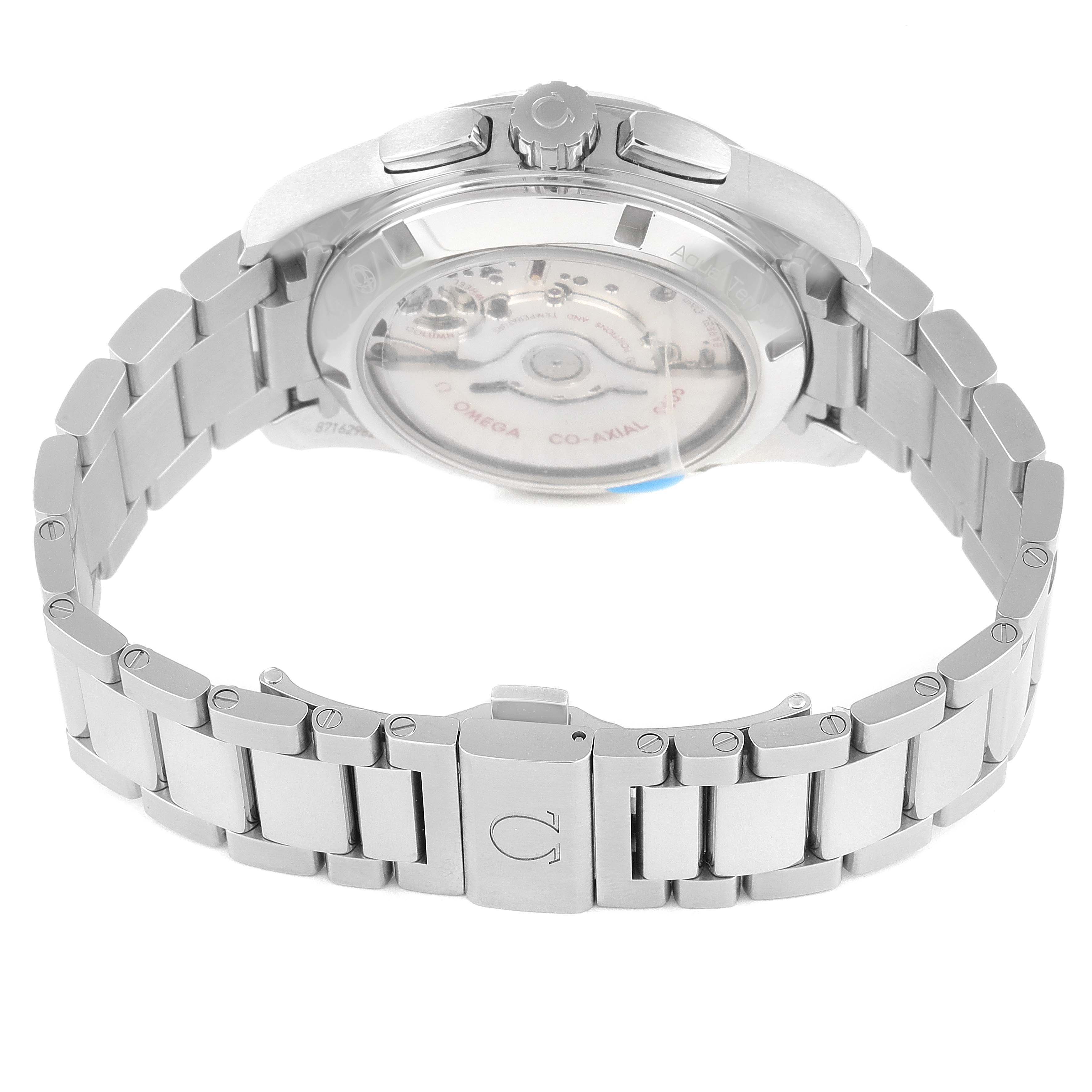 This image showcases the back and side profile of the Omega Aqua Terra 231.10.43.52.03.001 Men's Stainless Steel Blue Dial 231.10.43.52.03.001 Men's Stainless Steel Blue Dial watch, highlighting the stainless steel bracelet and visible movement.