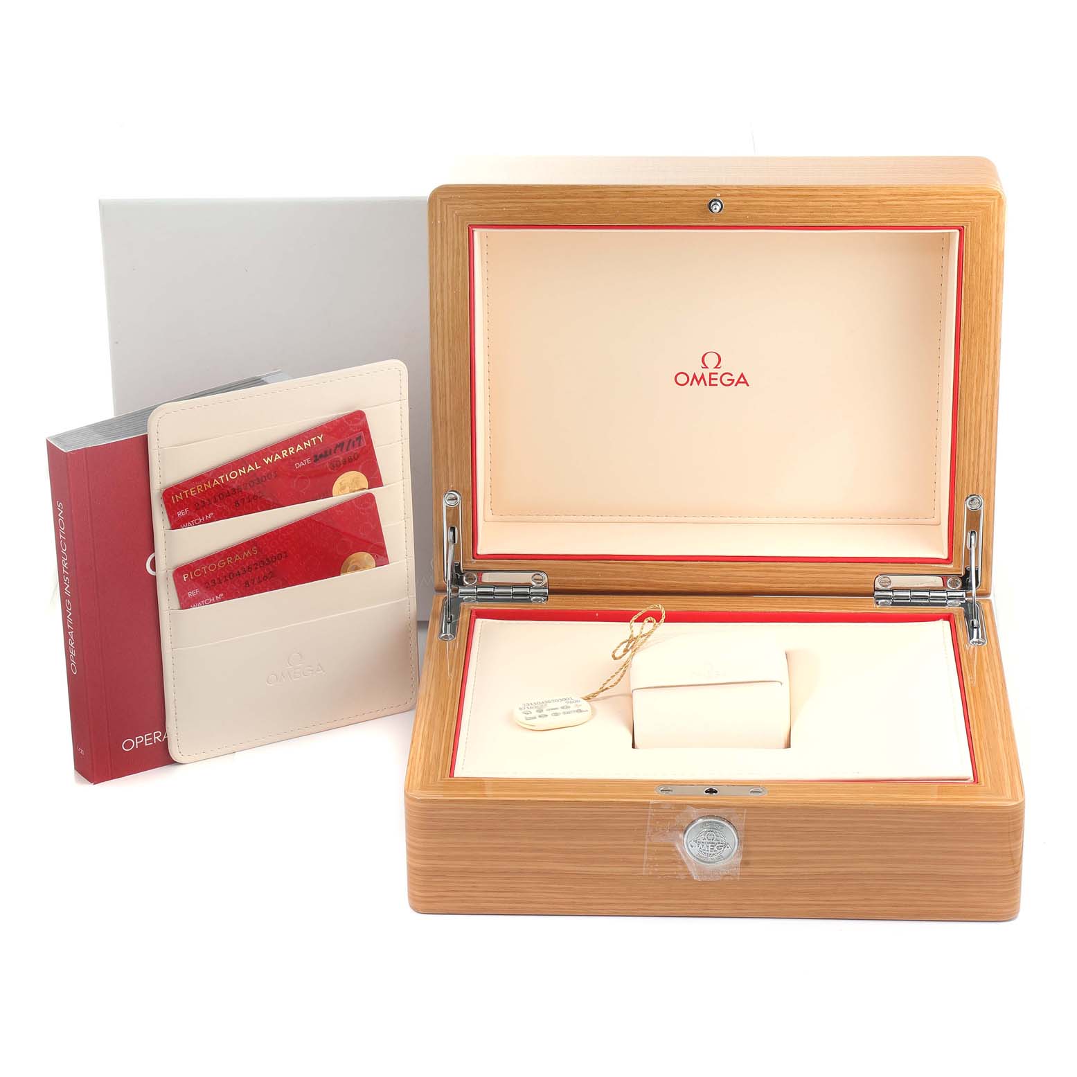 This image shows the Omega Aqua Terra 231.10.43.52.03.001 Men's Stainless Steel Blue Dial 231.10.43.52.03.001 Men's Stainless Steel Blue Dial watch box, warranty cards in a sleeve, and an operating instruction book.