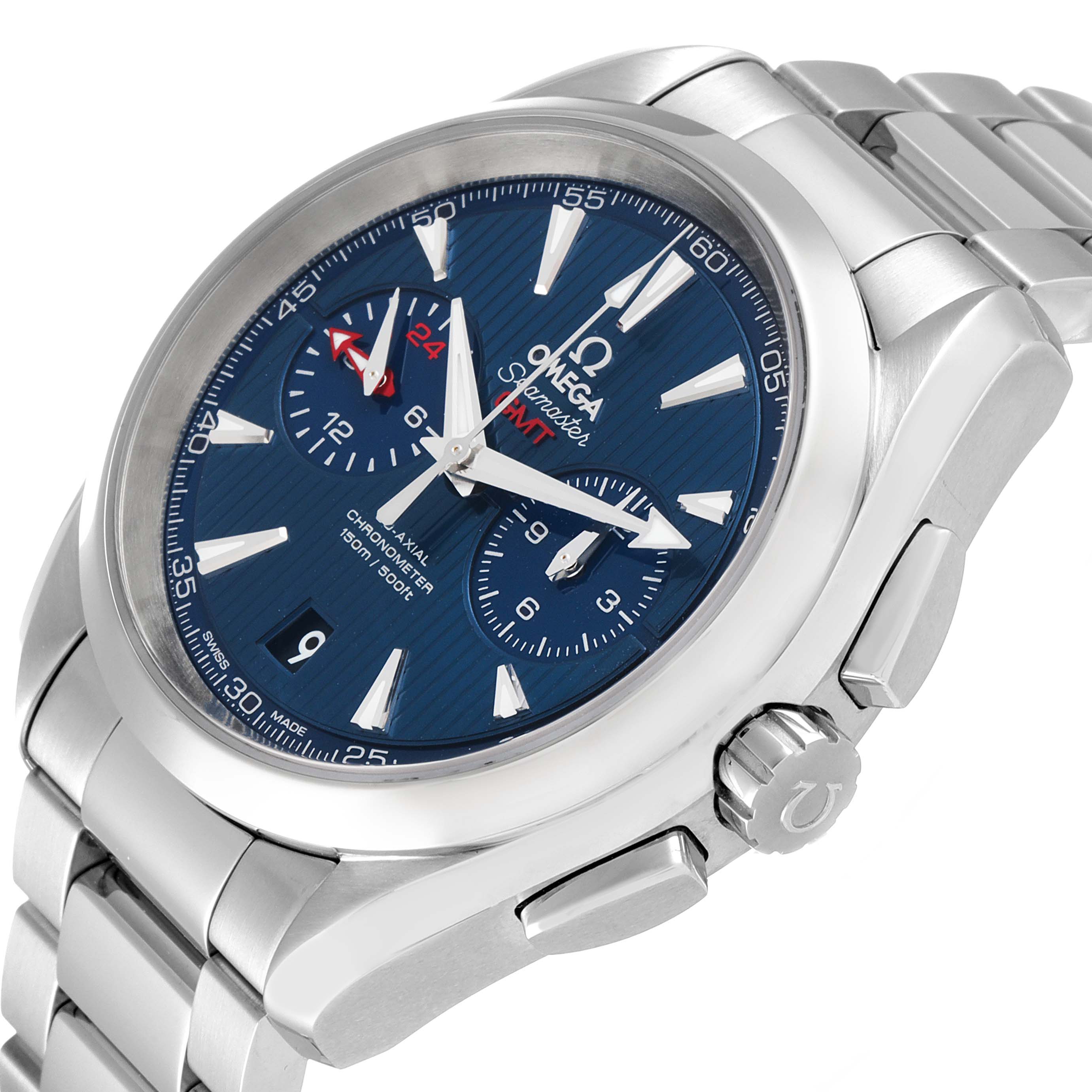 This image shows a close-up, angled view of the Omega Aqua Terra 231.10.43.52.03.001 Men's Stainless Steel Blue Dial 231.10.43.52.03.001 Men's Stainless Steel Blue Dial watch, highlighting its face, bezel, crown, and bracelet.