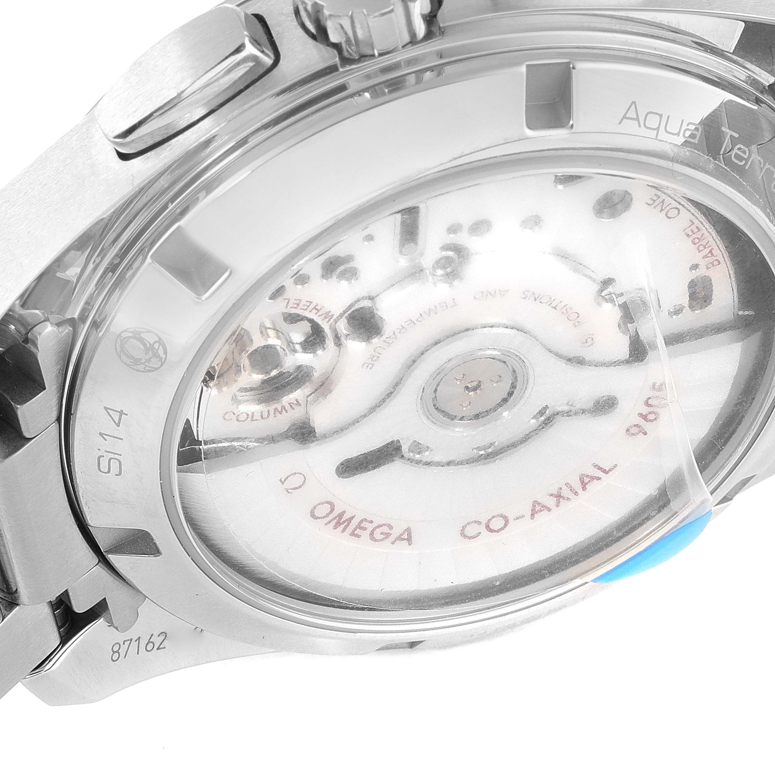 This image shows the back case and movement of the Omega Aqua Terra 231.10.43.52.03.001 Men's Stainless Steel Blue Dial 231.10.43.52.03.001 Men's Stainless Steel Blue Dial watch, highlighting the Co-Axial mechanism.