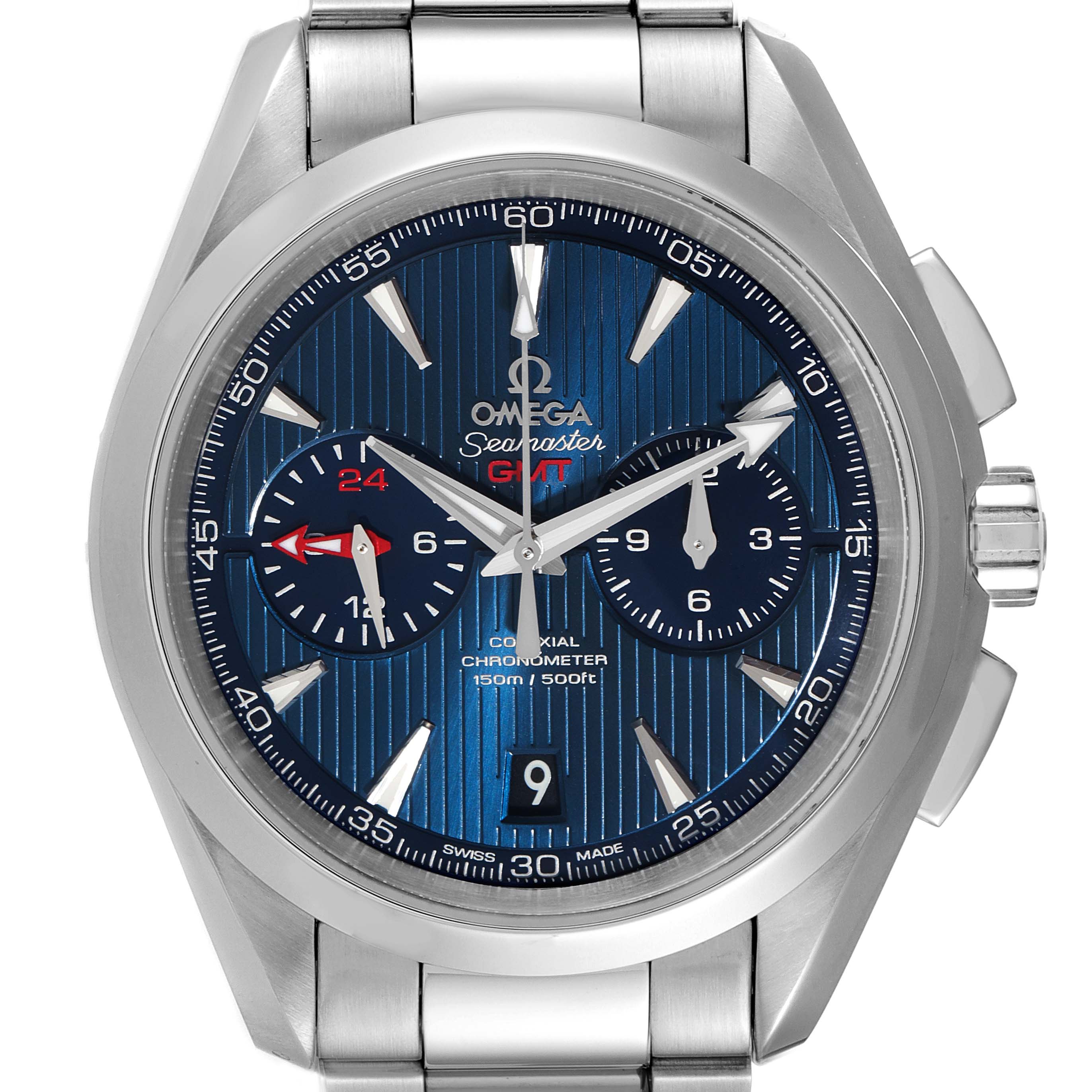 The image showcases the face and stainless steel band of the Omega Aqua Terra 231.10.43.52.03.001 Men's Stainless Steel Blue Dial 231.10.43.52.03.001 Men's Stainless Steel Blue Dial model watch from a front angle.