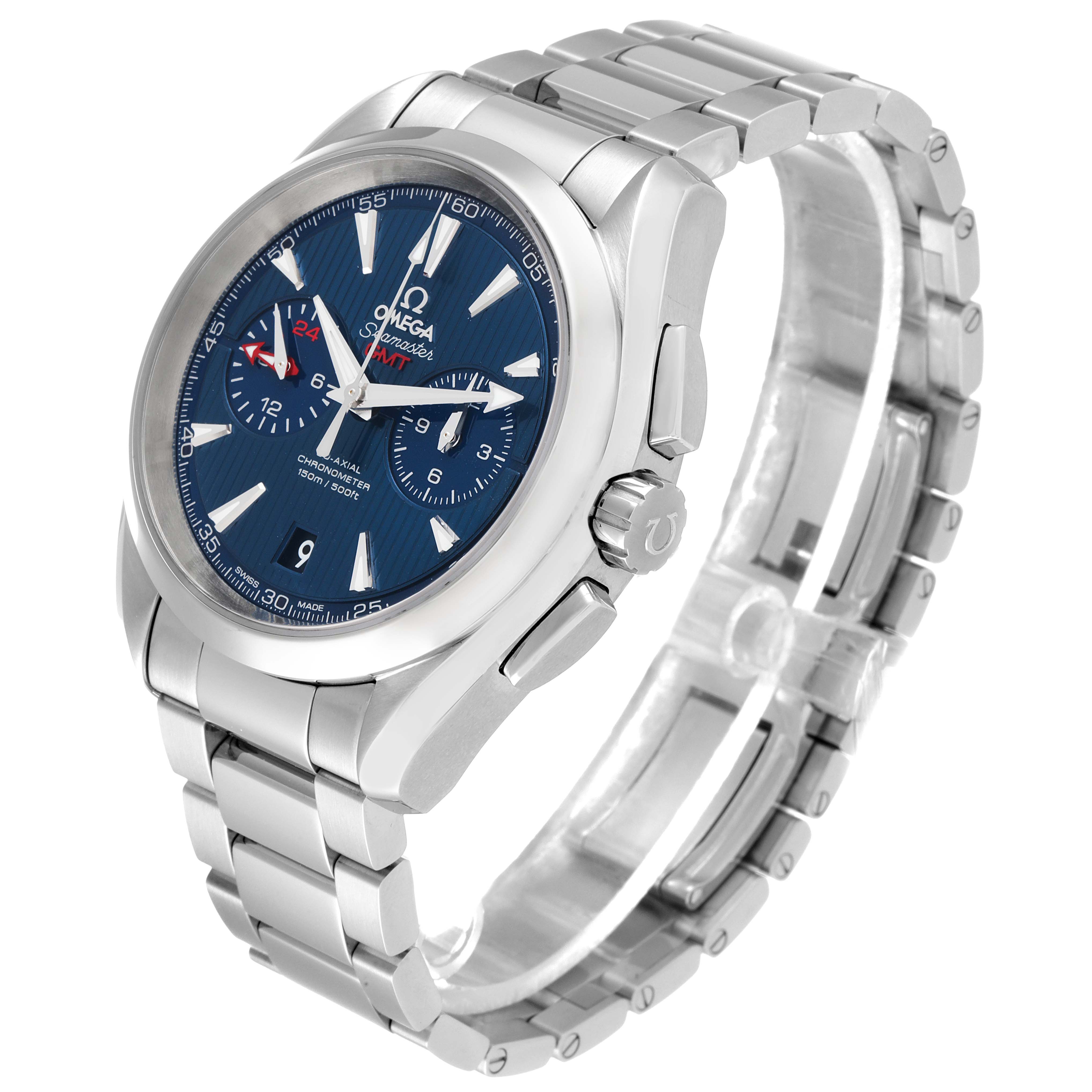 The image shows an angled view of the Omega Aqua Terra 231.10.43.52.03.001 Men's Stainless Steel Blue Dial 231.10.43.52.03.001 Men's Stainless Steel Blue Dial model watch, highlighting its stainless steel band and blue dial.