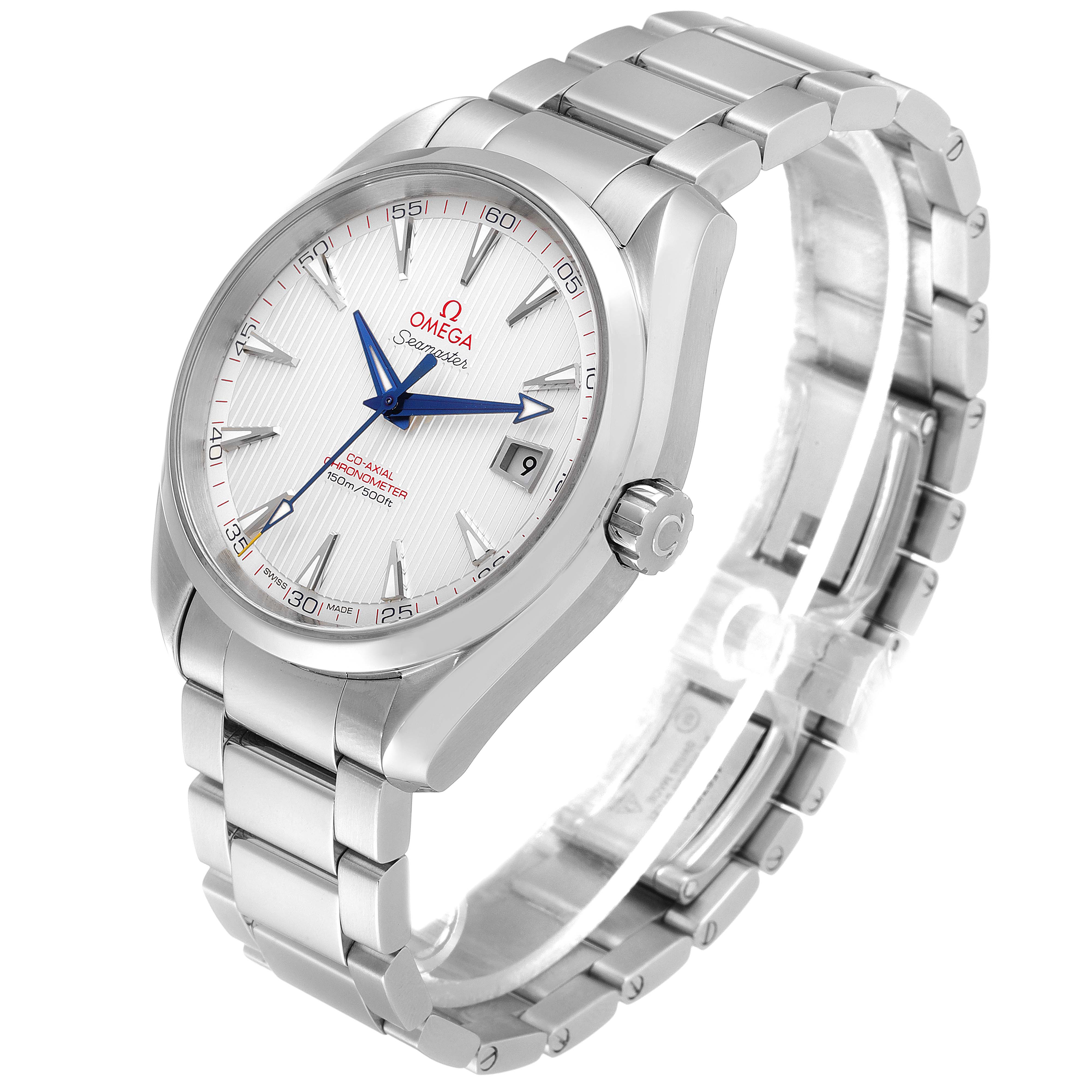 This image shows the Omega Aqua Terra 231.10.42.21.02.002 Men's Stainless Steel Silver Dial 231.10.42.21.02.002 Men's Stainless Steel Silver Dial watch at a three-quarter angle, highlighting its face, bracelet, and crown.