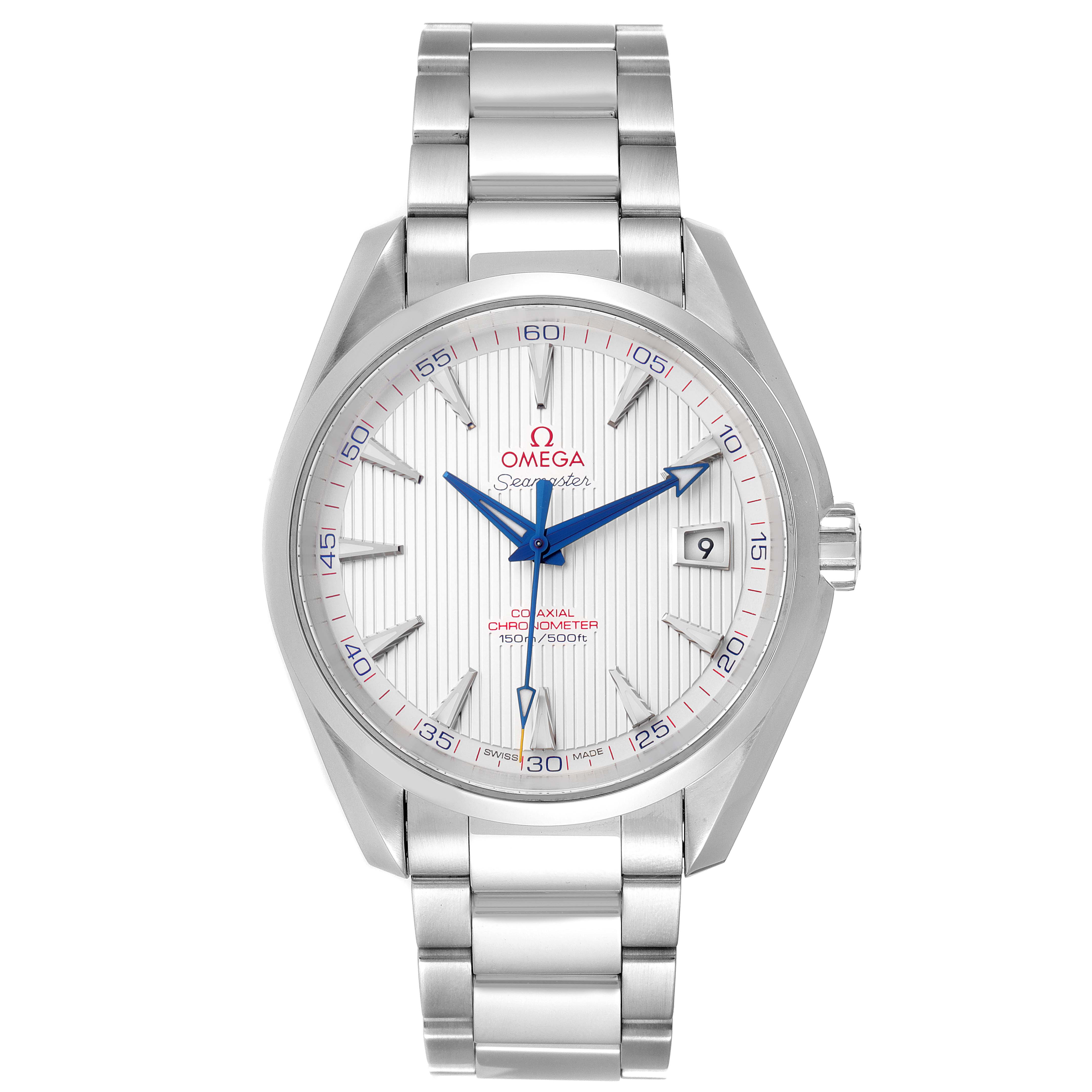 This image shows an Omega Aqua Terra 231.10.42.21.02.002 Men's Stainless Steel Silver Dial 231.10.42.21.02.002 Men's Stainless Steel Silver Dial watch with a stainless steel band and a white dial, viewed from the front.