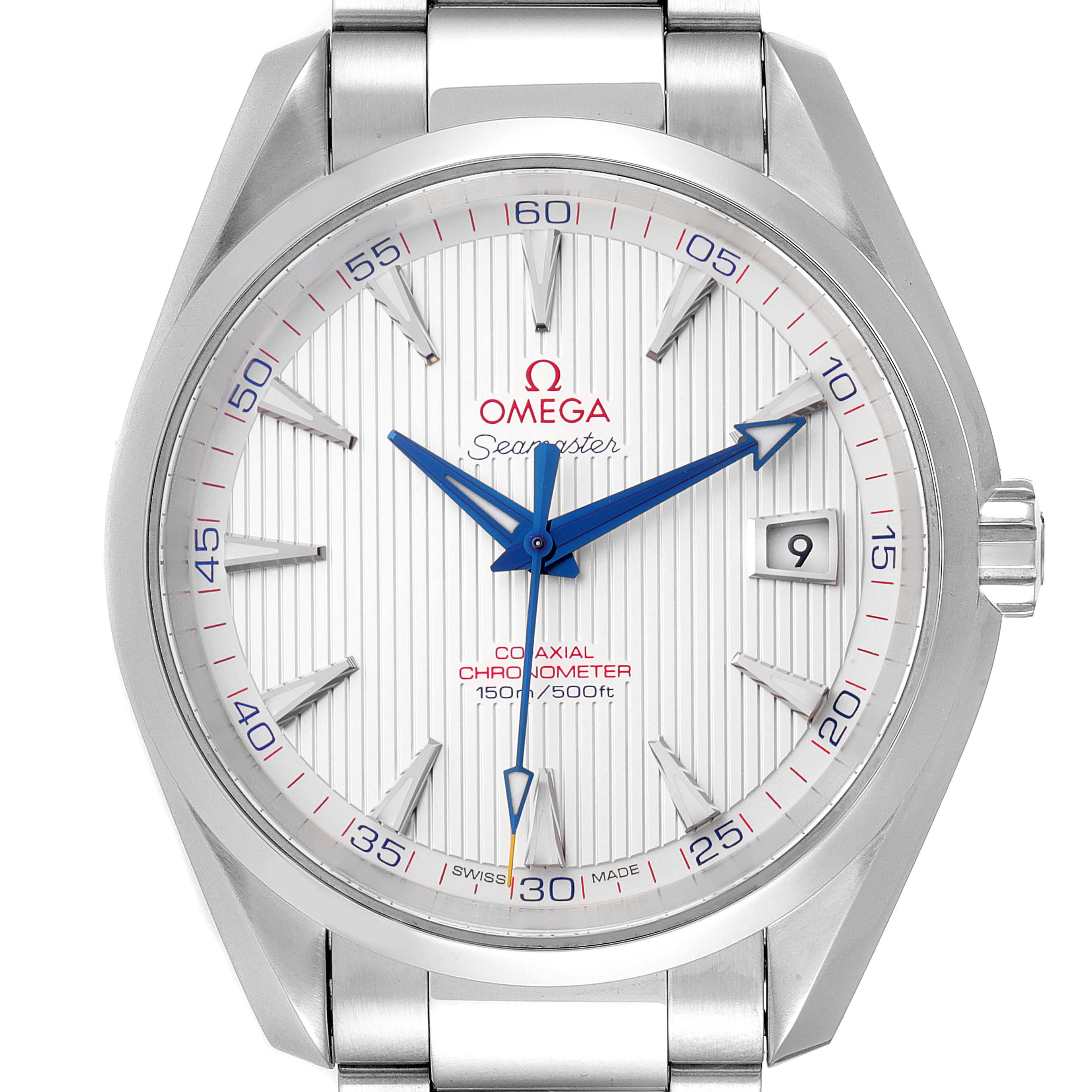 The image shows a front view of an Omega Seamaster Aqua Terra watch, highlighting its face, bezel, and bracelet.