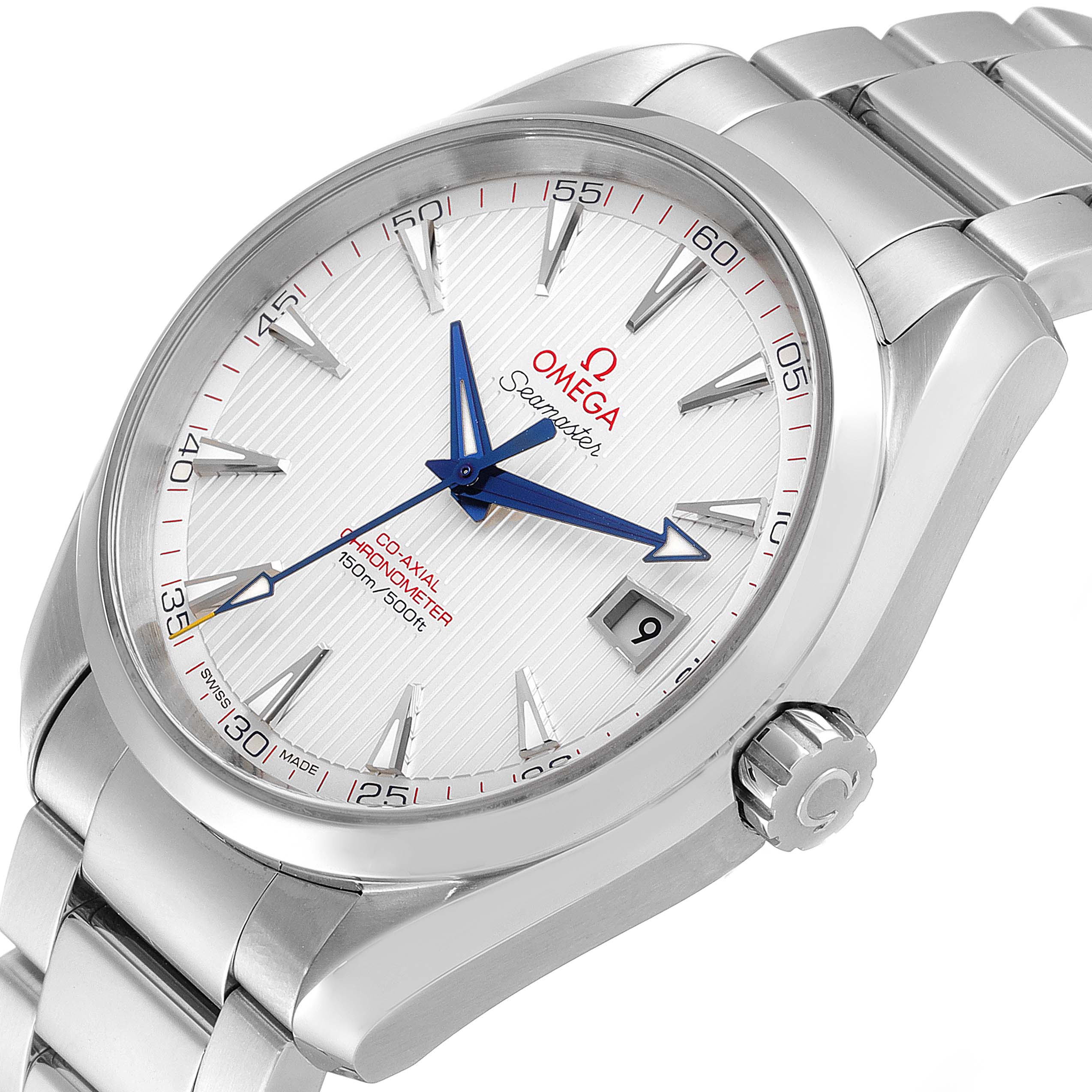 The image shows a close-up of the Omega Aqua Terra 231.10.42.21.02.002 Men's Stainless Steel Silver Dial 231.10.42.21.02.002 Men's Stainless Steel Silver Dial watch face, crown, and part of the stainless steel bracelet.