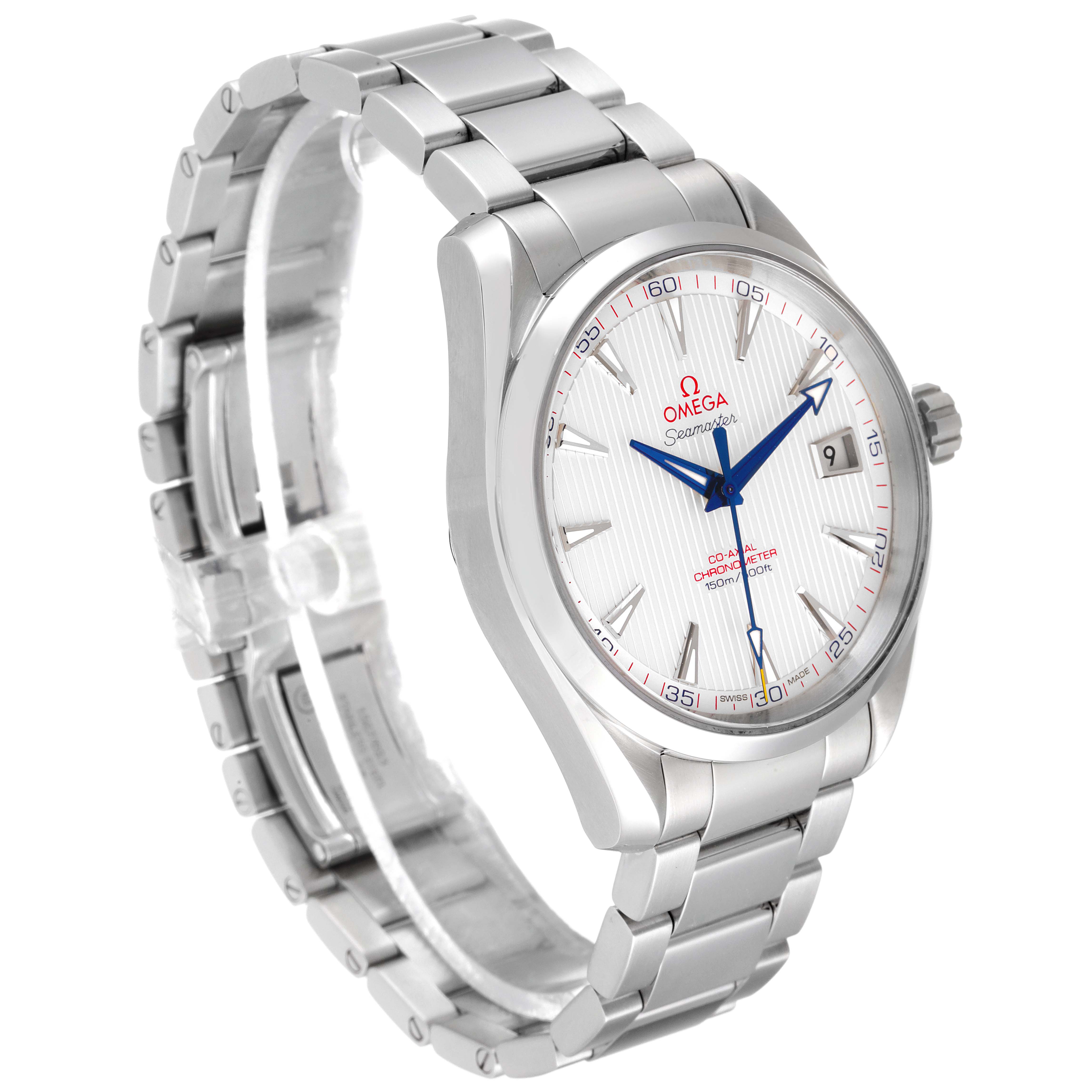 This image shows the Omega Aqua Terra 231.10.42.21.02.002 Men's Stainless Steel Silver Dial 231.10.42.21.02.002 Men's Stainless Steel Silver Dial model watch at a 3 o'clock angle, highlighting its silver bracelet, case, dial, and crown.