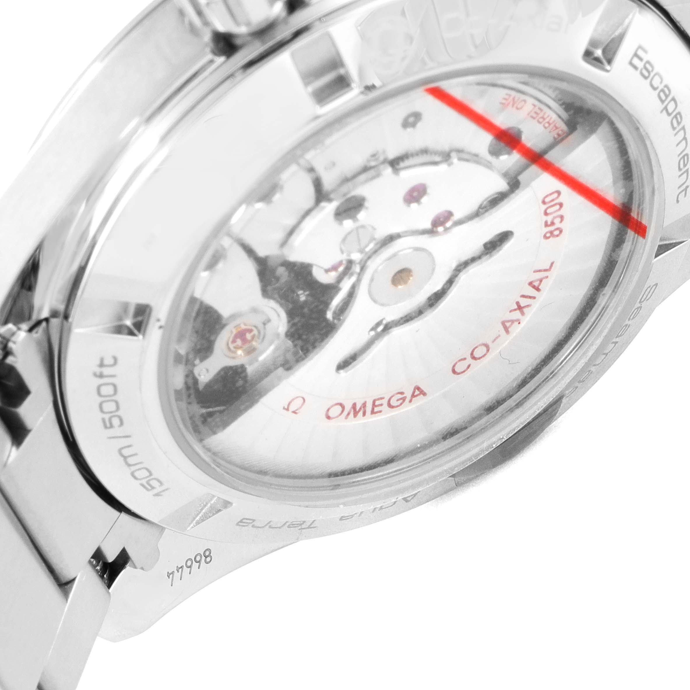 The image shows the back view of the Omega Aqua Terra 231.10.42.21.02.002 Men's Stainless Steel Silver Dial 231.10.42.21.02.002 Men's Stainless Steel Silver Dial watch, highlighting the co-axial movement and transparent case back.