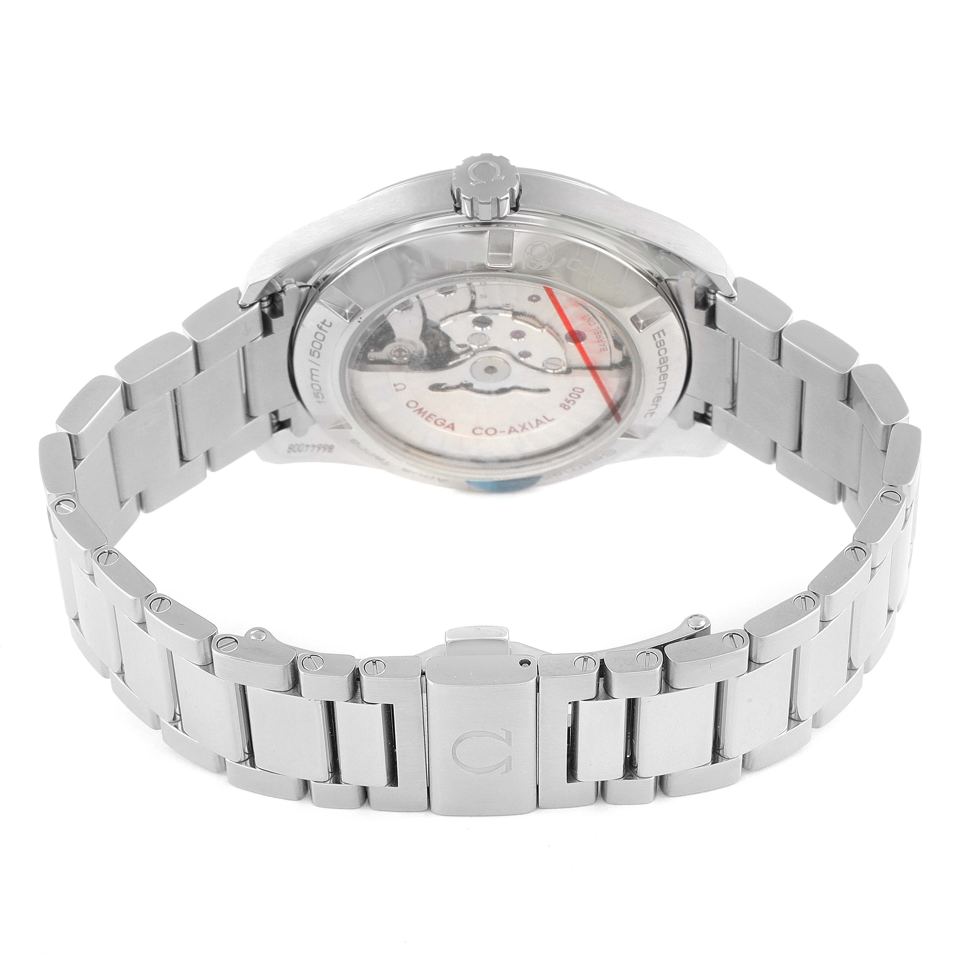 The image shows the back and bracelet of the Omega Aqua Terra 231.10.42.21.02.002 Men's Stainless Steel Silver Dial 231.10.42.21.02.002 Men's Stainless Steel Silver Dial watch, showcasing its mechanical movement.