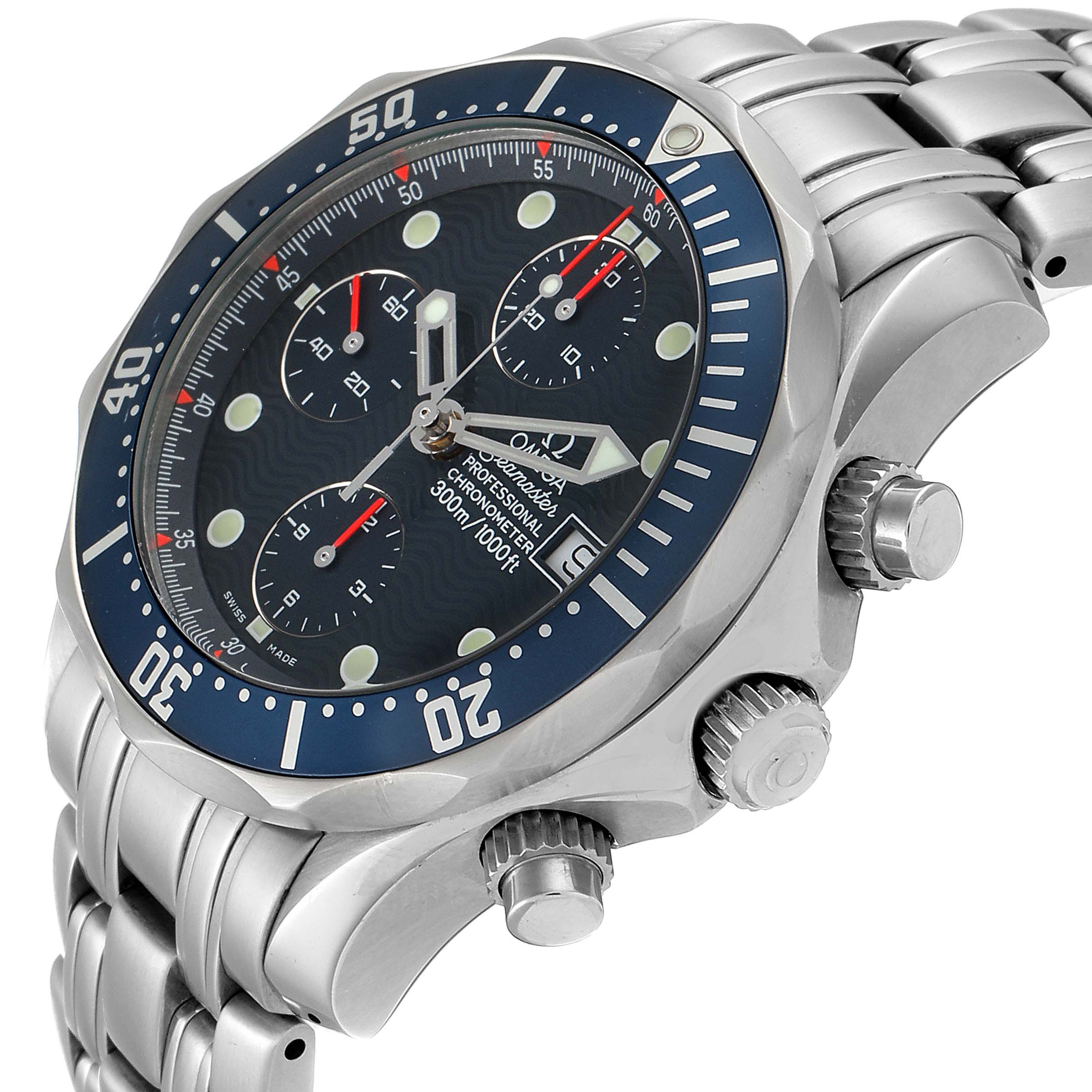 The image shows a side angle of the Omega Seamaster 2599.80.00 Men
s Stainless Steel Blue Dial 2599.80.00 Men
s Stainless Steel Blue Dial, highlighting the bezel, dial, and pushers.